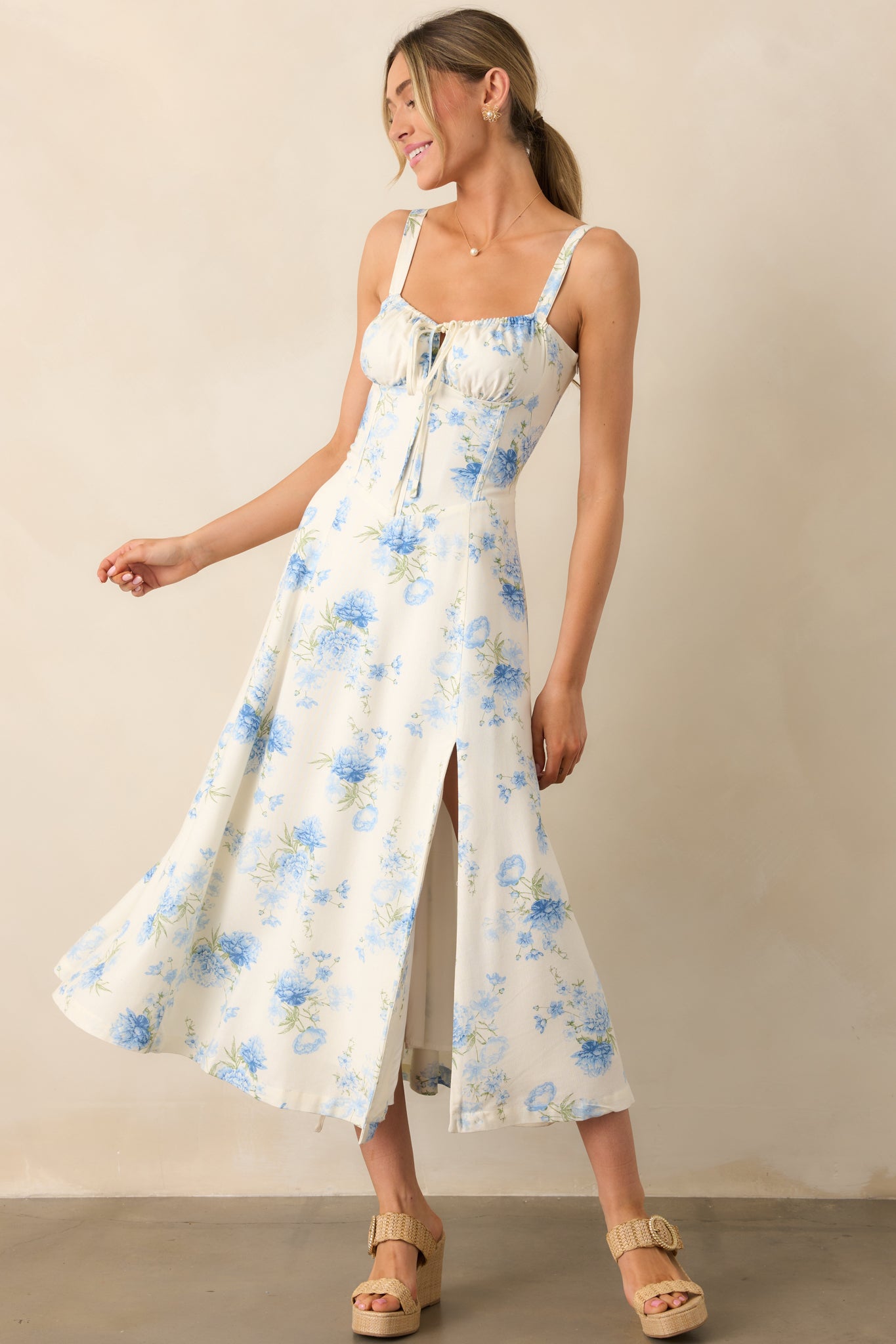 Linen Blend Ivory & Blue Floral Maxi Dress - All Dresses | Red Dress Linen Blend Ivory & Blue Floral Maxi Dress - All Dresses | Red Dress