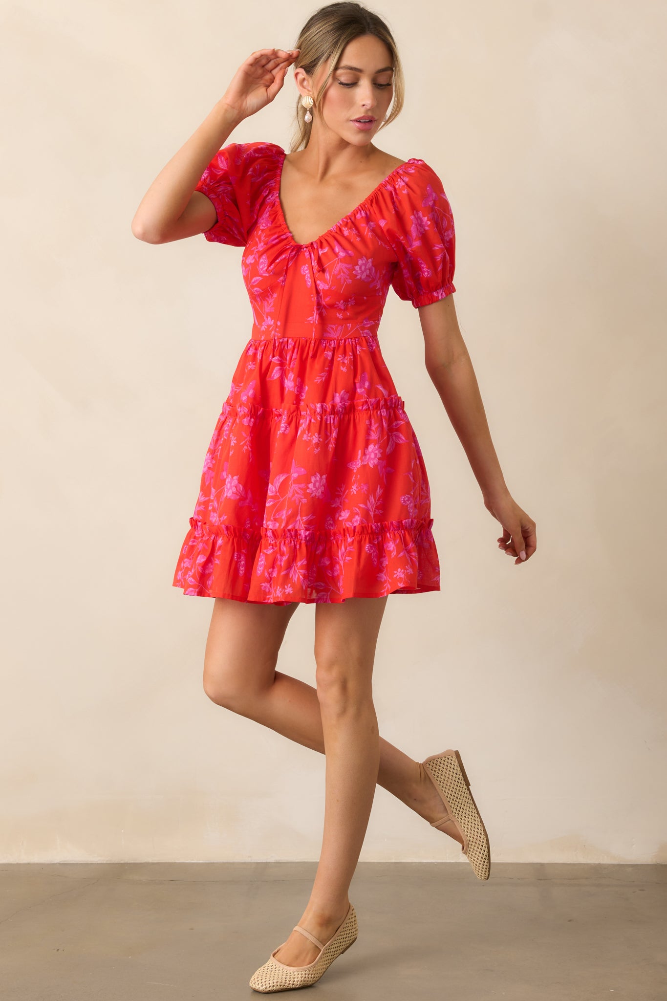 Red Floral Cotton Mini Dress Floral Dresses Red Dress
