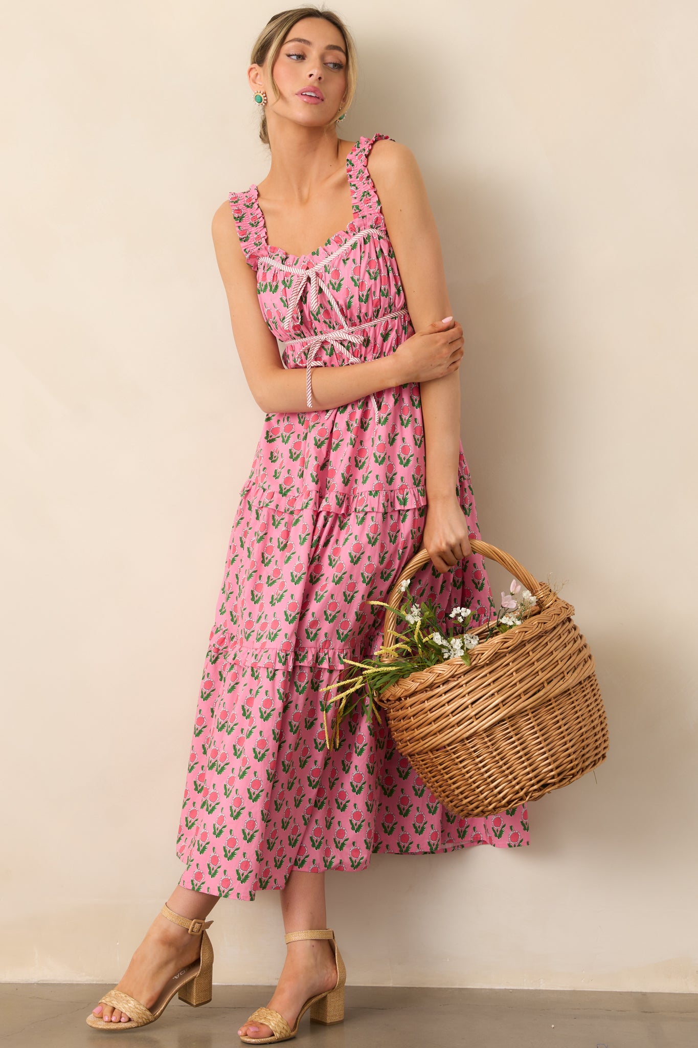 Tour Of The City Cotton Pink Floral Midi Dress Tour Of The City Cotton Pink Floral Midi Dress