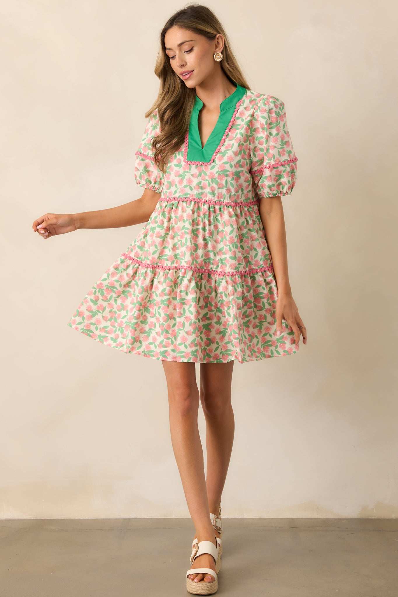 Beige Floral Cotton Puff Sleeve Mini Dress - All Dresses | Red Dress Beige Floral Cotton Puff Sleeve Mini Dress - All Dresses | Red Dress