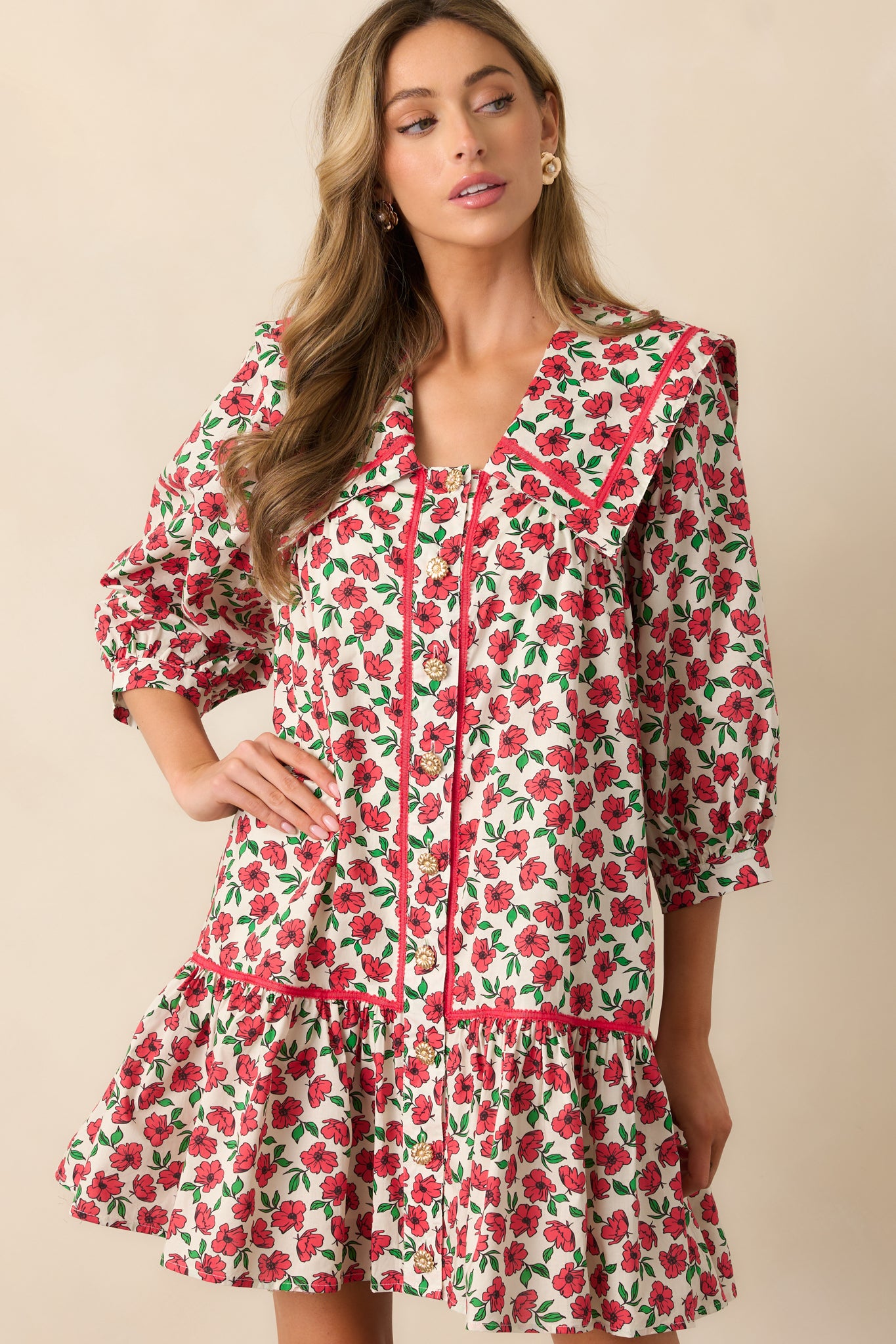 Red Floral Cotton Button Front Dress - Mini Dresses | Red Dress Red Floral Cotton Button Front Dress - Mini Dresses | Red Dress