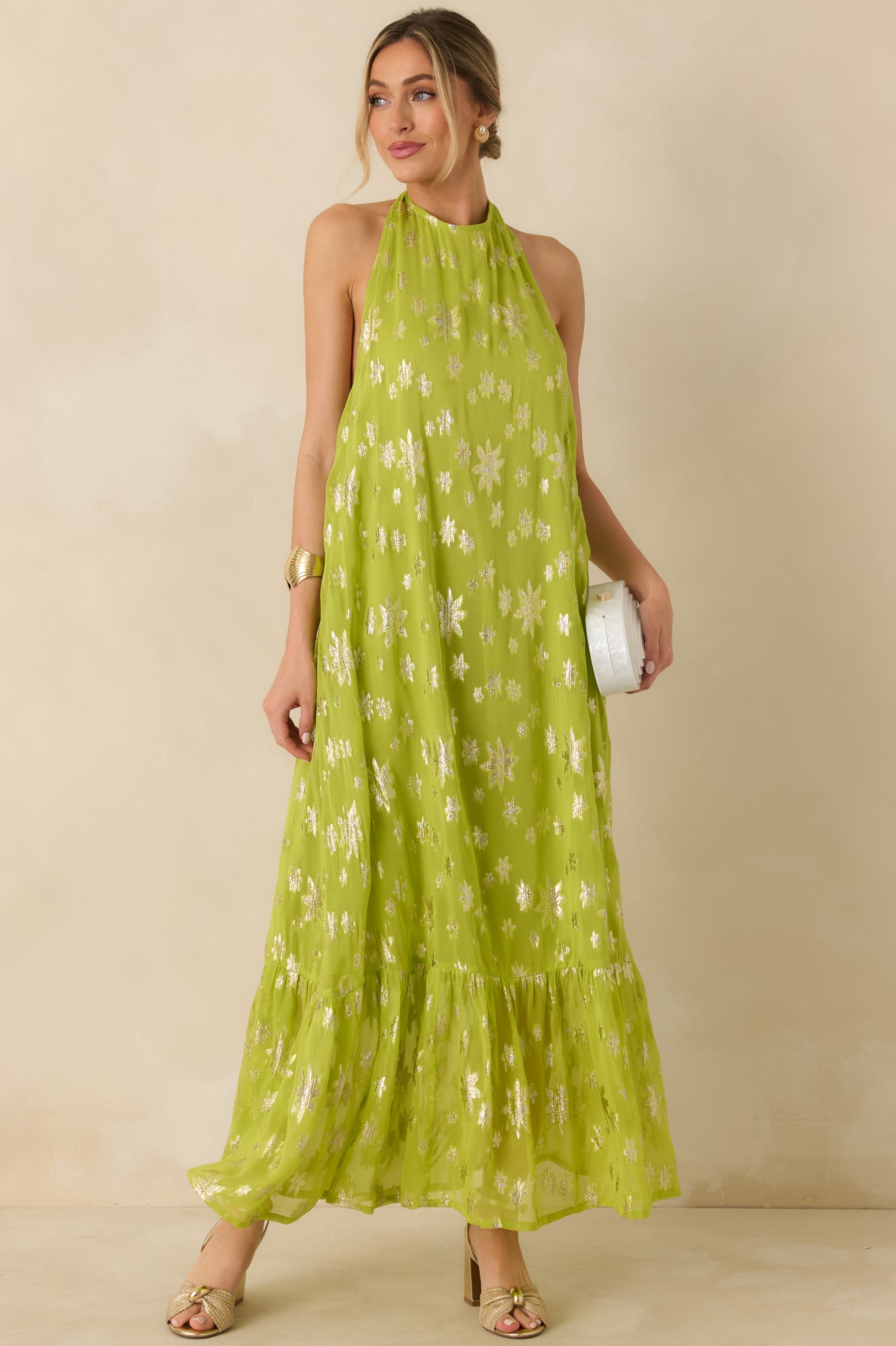 Chartreuse woven maxi dress showcasing delicate metallic florals and an easy, fluid drape.