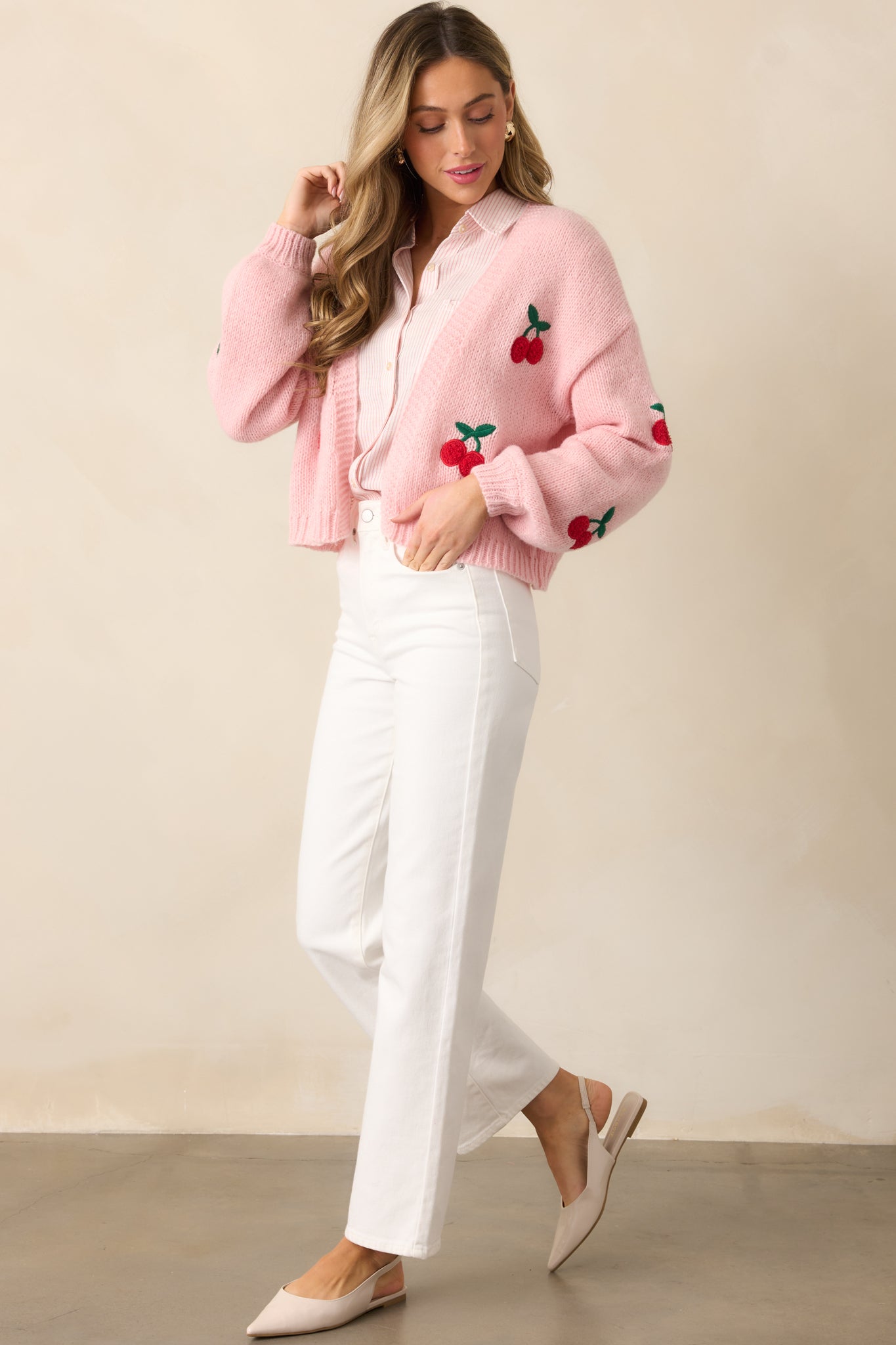 Jeans Outfit Long Pink Cardigan Outfit Cherry Trees Light Pink