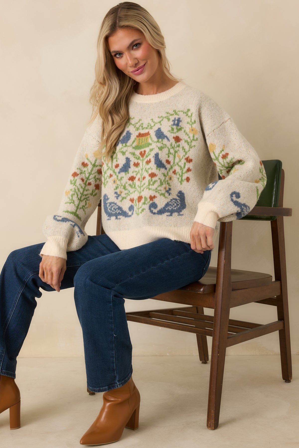 Prosperina Fablekeeper Ivory Multi Folk Art Knit Sweater