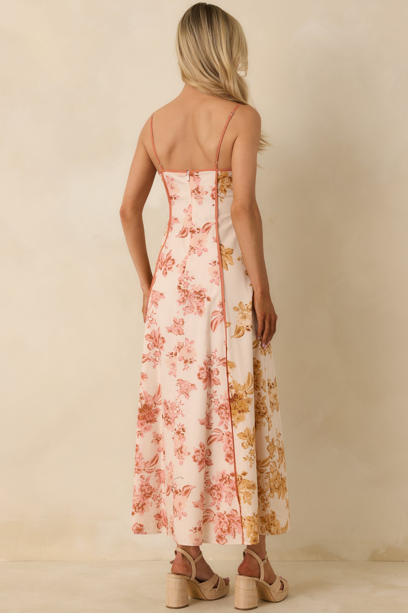 Rear view of floral maxi dress highlighting hidden back zipper, adjustable straps, and flowing maxi-length skirt.