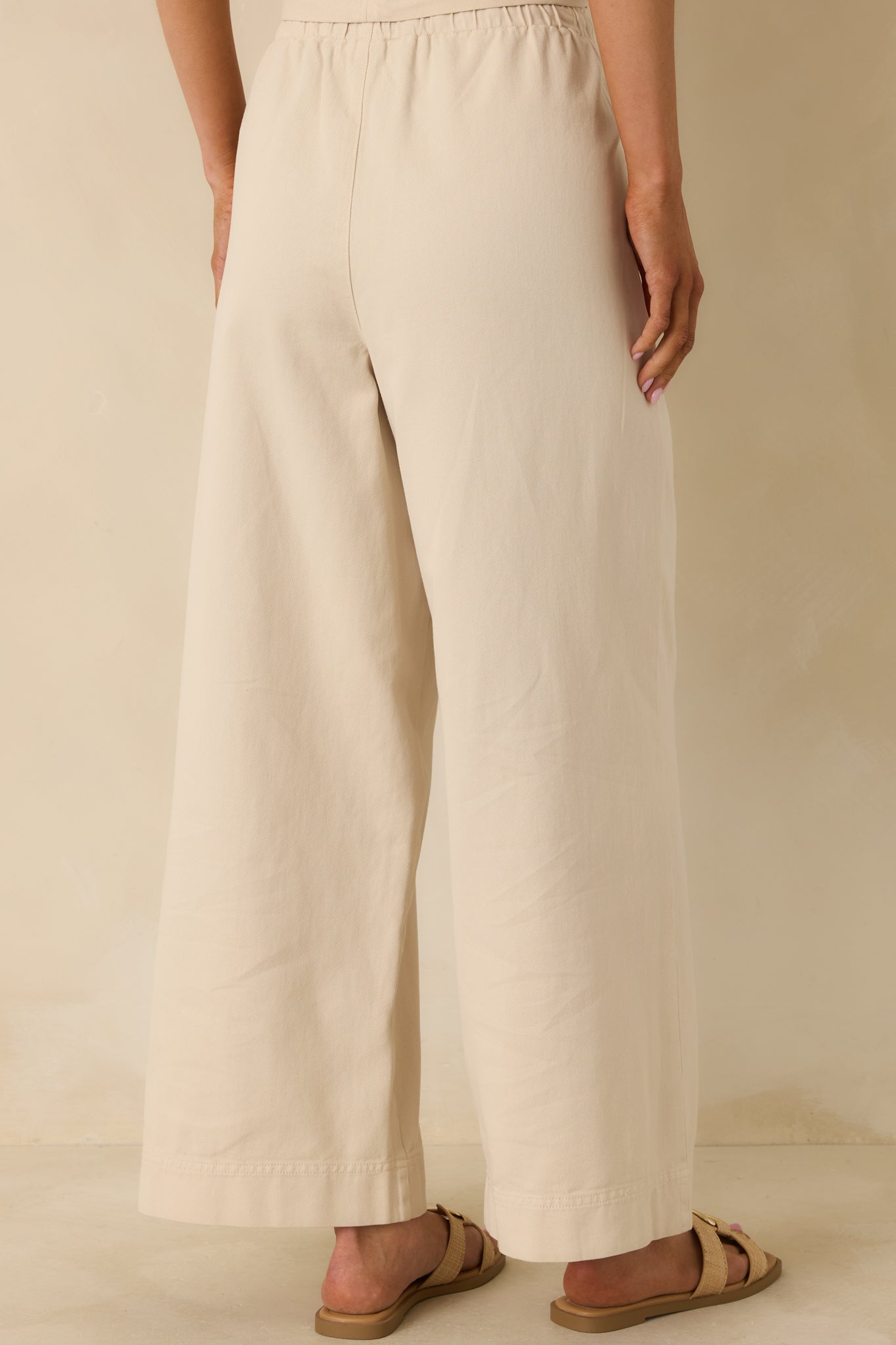 Rear view of the beige pants showing the relaxed wide-leg silhouette, elastic waistband, and soft drapey fabric.