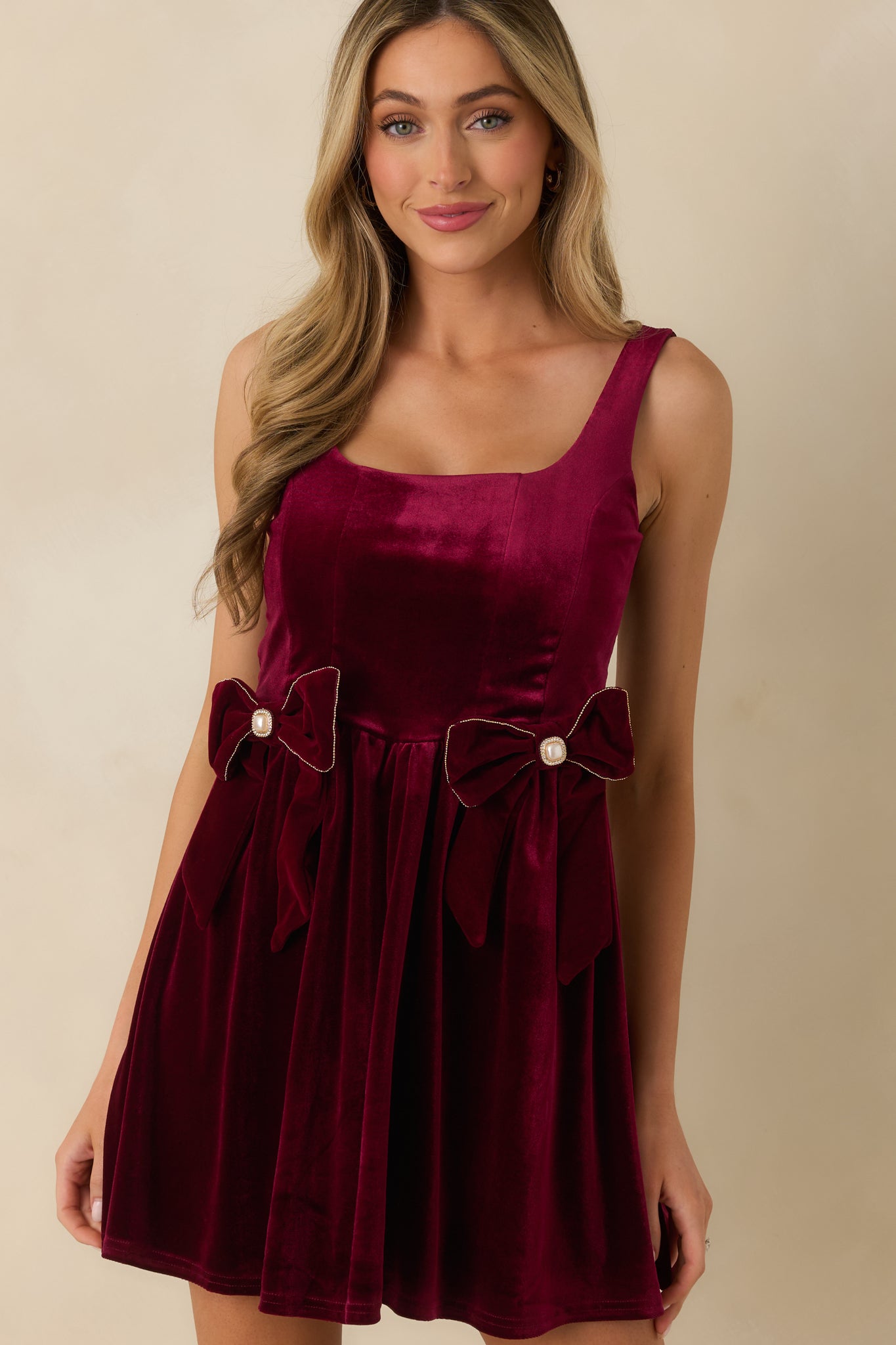 Women's Looking Your Way Burgundy Velvet Bow Detail Mini Dress | Color: Red | Size: M