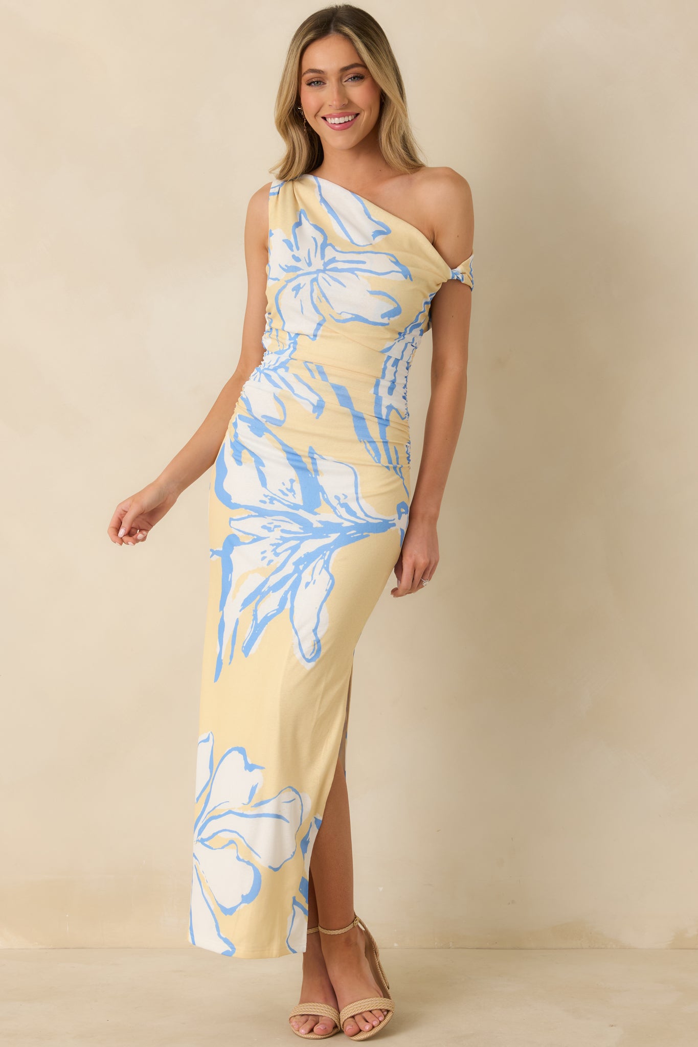 Mesh floral maxi dress highlighting the asymmetric neckline, adjustable shoulder strap, and gentle ruching through the side.