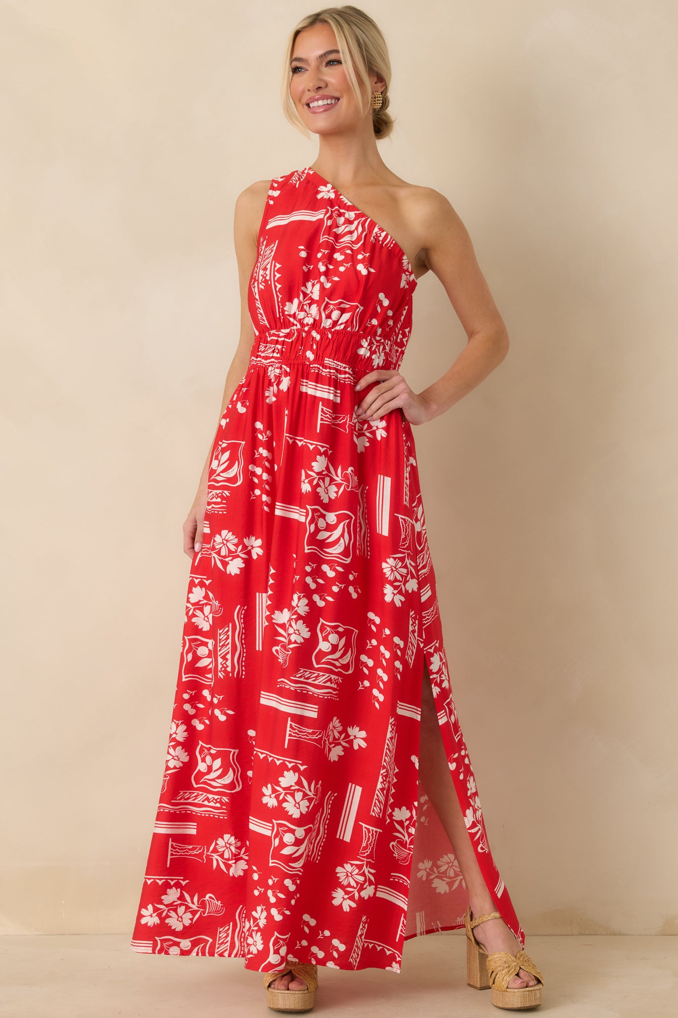 Three-quarter front angle emphasizing the fitted bodice, functional pockets, and red mini-length lining.