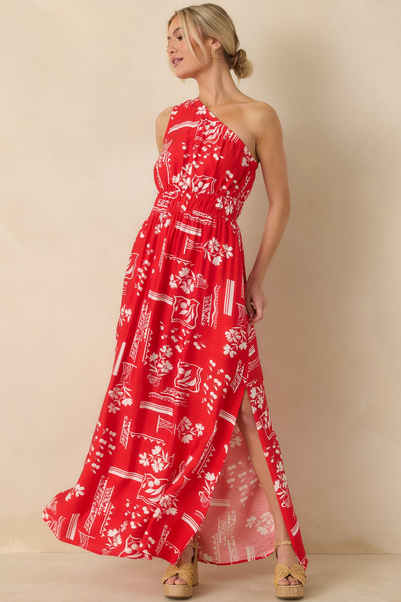 Full front view highlighting the elastic waist and overall maxi silhouette.