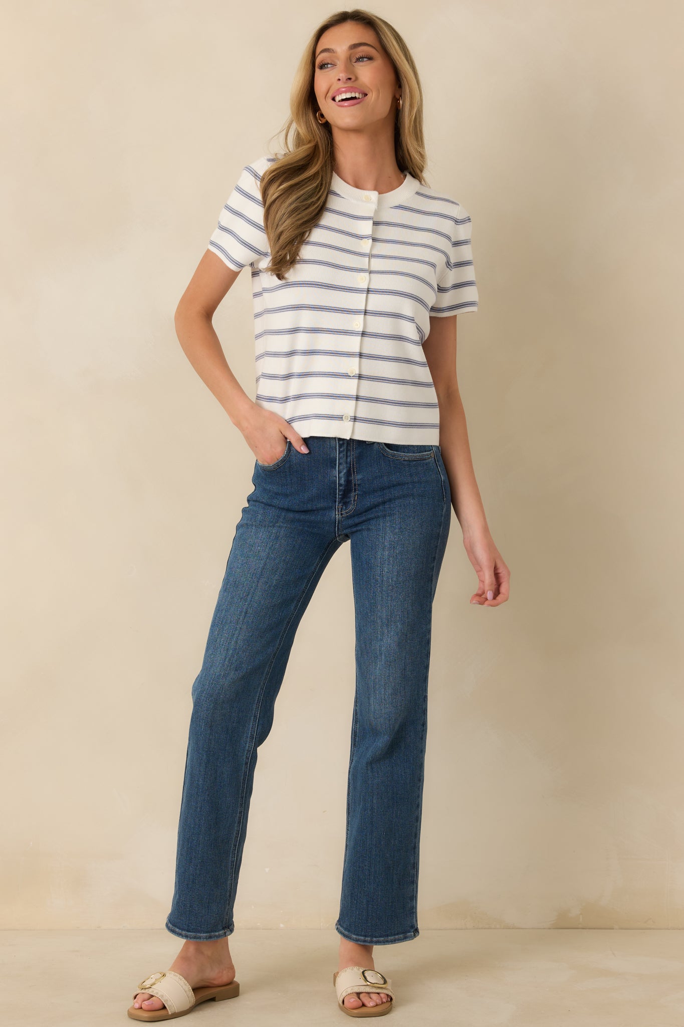 Front view of a soft ribbed top featuring crisp coastal-inspired stripes, short sleeves, and a tailored, relaxed silhouette.
