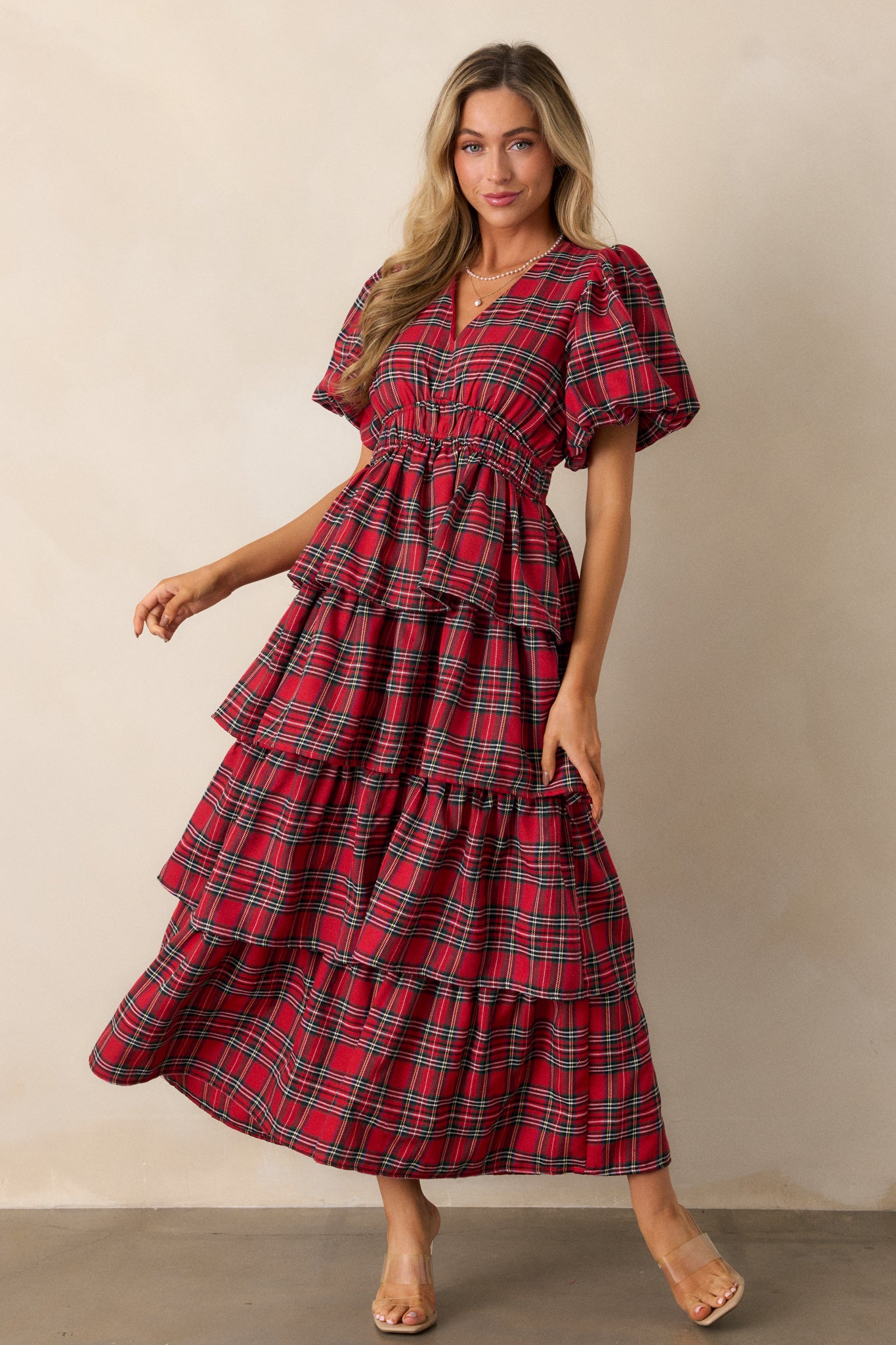 Christmas Dress Ladies Red Check Dress Ribbons Of Light Red Plaid Tiered Maxi Dress
