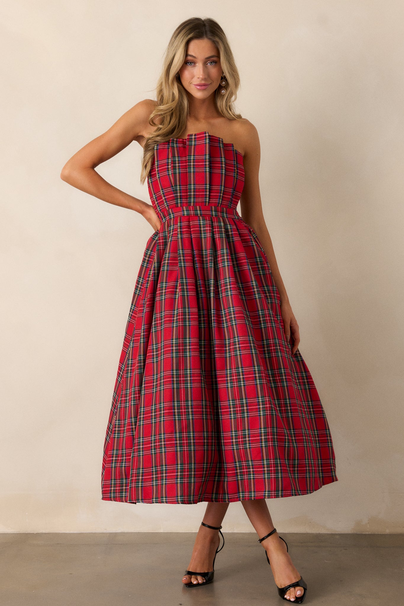 The Genevieve Red Plaid Strapless Midi Dress The Genevieve Red Plaid Strapless Midi Dress