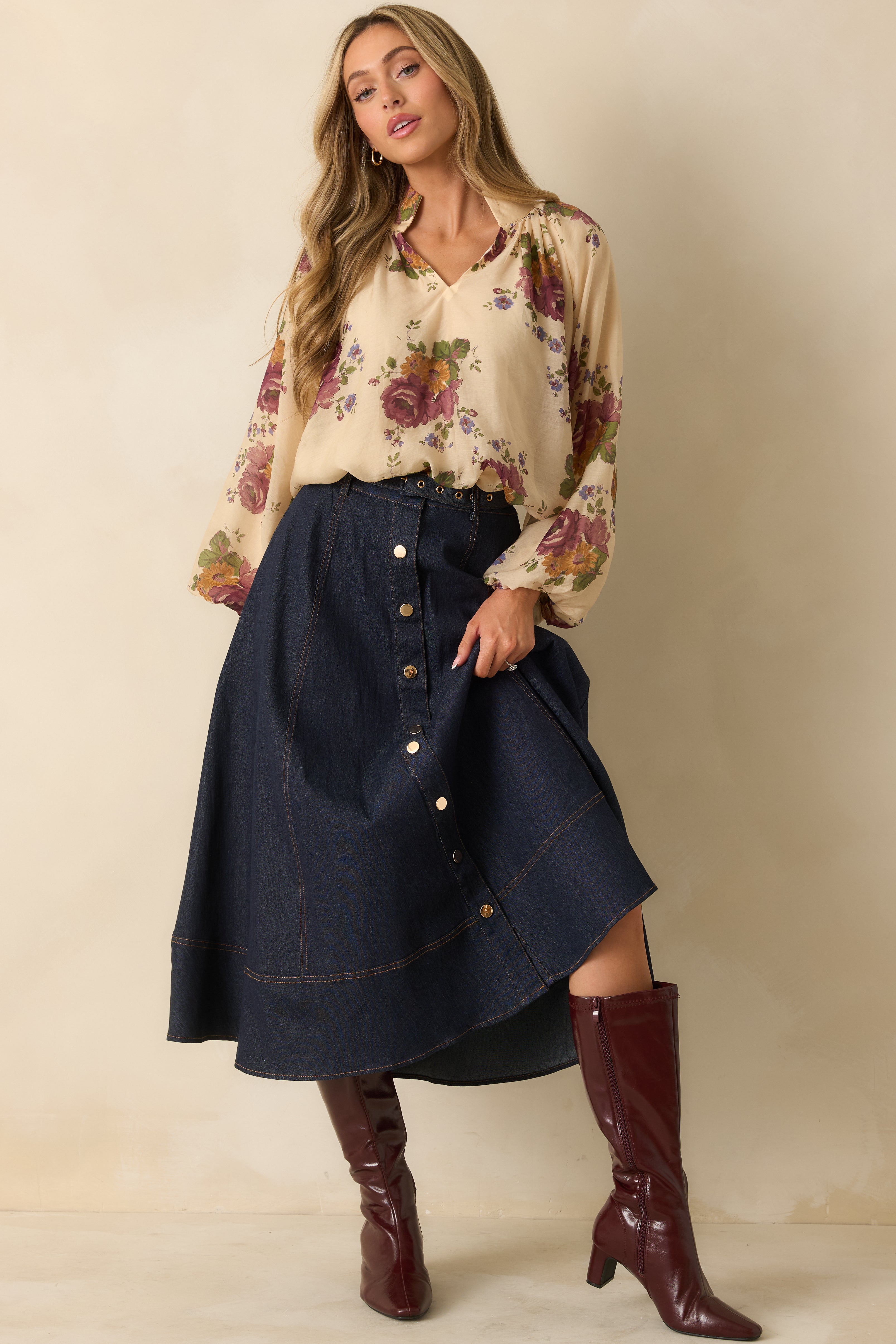 On The Books Dark Wash Cotton Denim Button Up Midi Skirt
