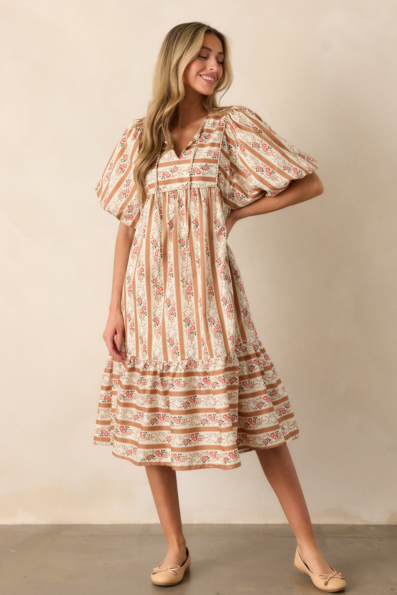 100% Cotton Camel Puff Sleeve Midi Dress - All Dresses | Red Dress 100% Cotton Camel Puff Sleeve Midi Dress - All Dresses | Red Dress