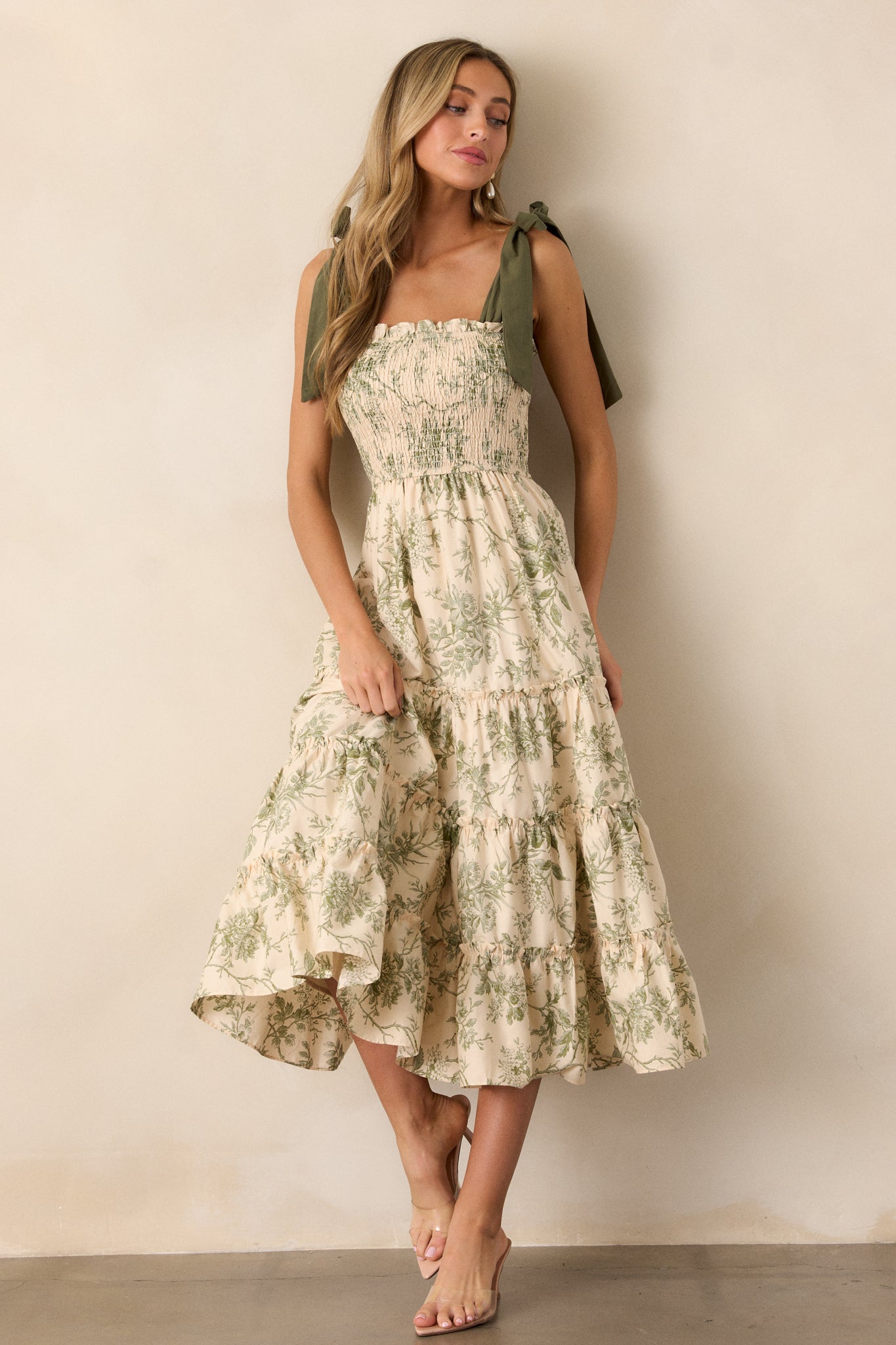 Wildflower Whisper 100% Cotton Ivory Green Floral Midi Dress Wildflower Whisper 100% Cotton Ivory Green Floral Midi Dress