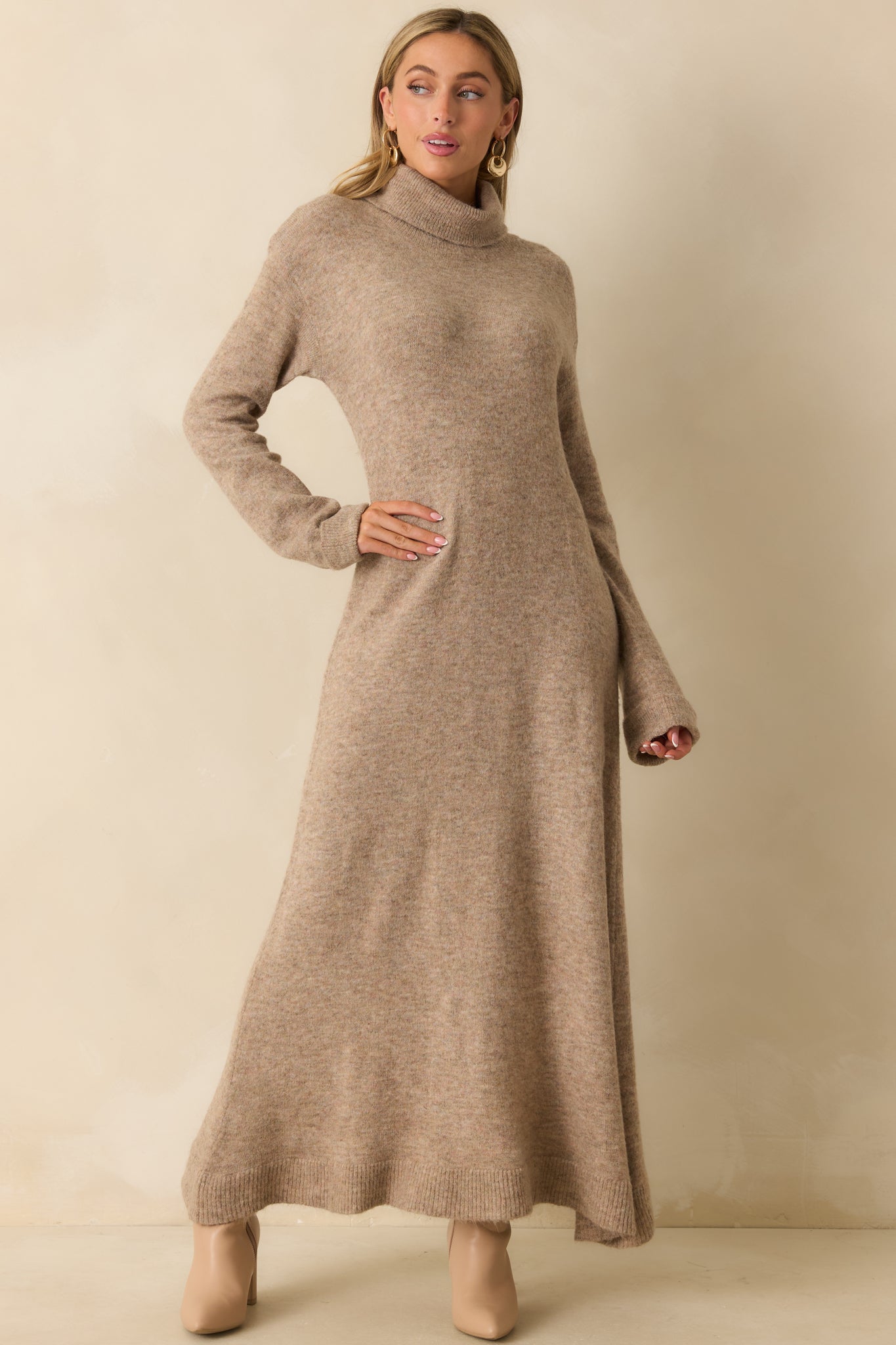 Front-facing beige knit maxi dress showcasing the soft, textured knit and comfortable longline fit.