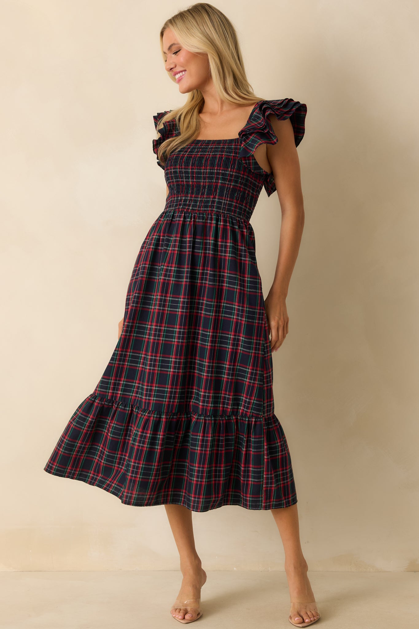Navy Plaid Flutter Sleeve Midi Dress Smocked Dresses Red Dress
