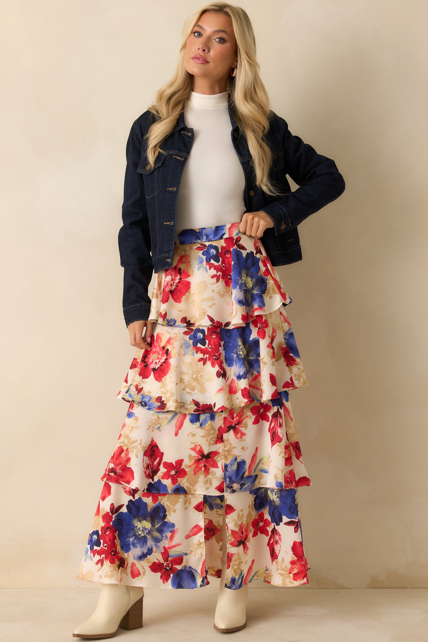 Button-front denim jacket in a rich indigo wash with chest and side pockets adding utility style.