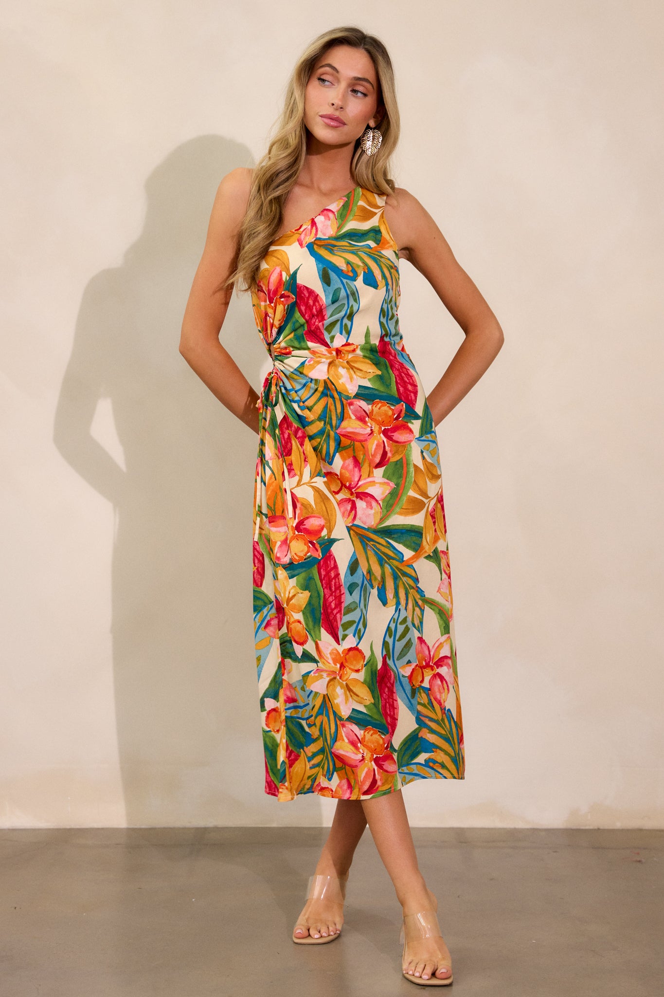 Multi Print One Shoulder Midi Dress - All Dresses | Red Dress Multi Print One Shoulder Midi Dress - All Dresses | Red Dress