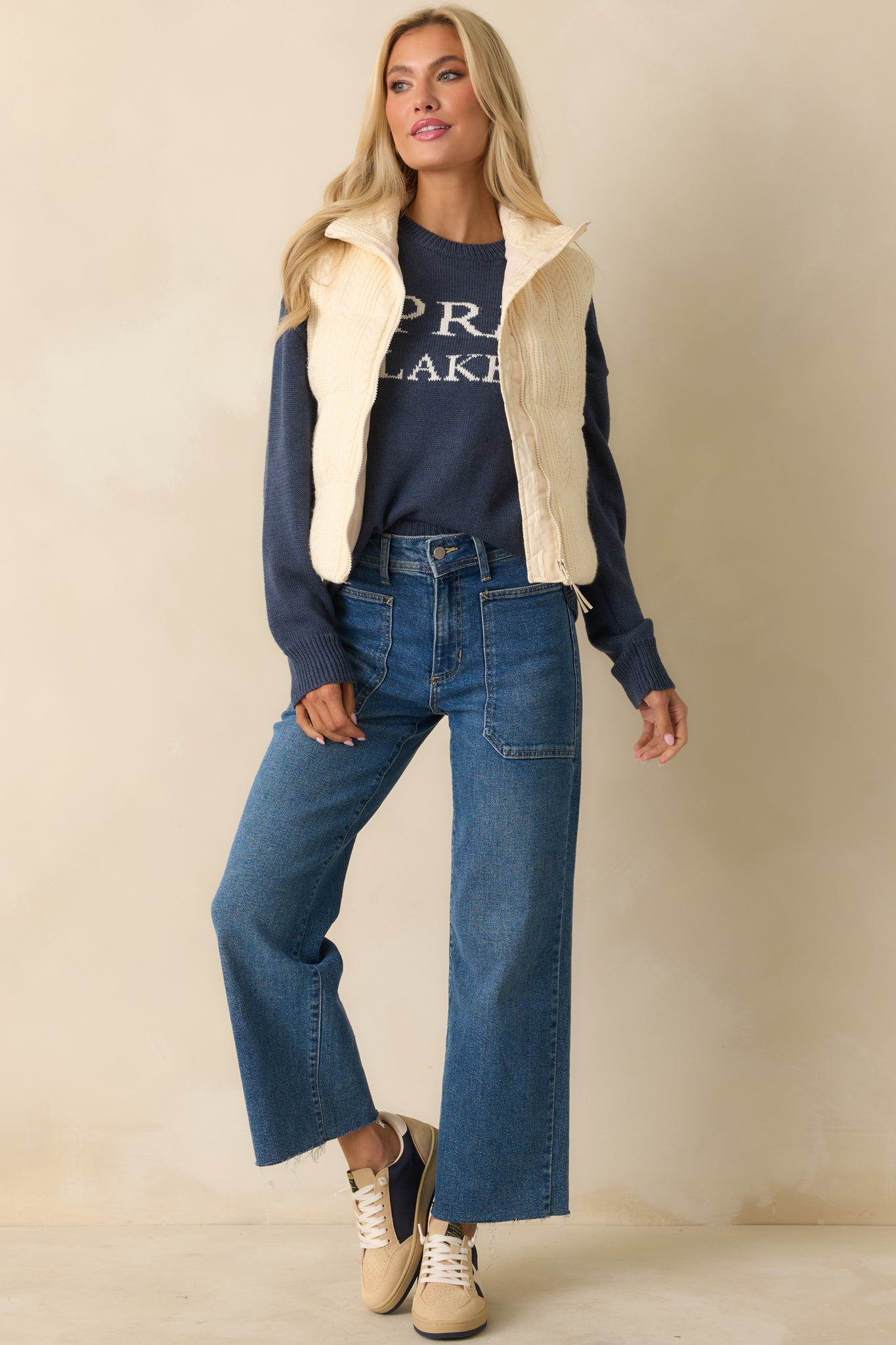 Thread & Supply Stormi Ivory Cable Knit Puffer Vest