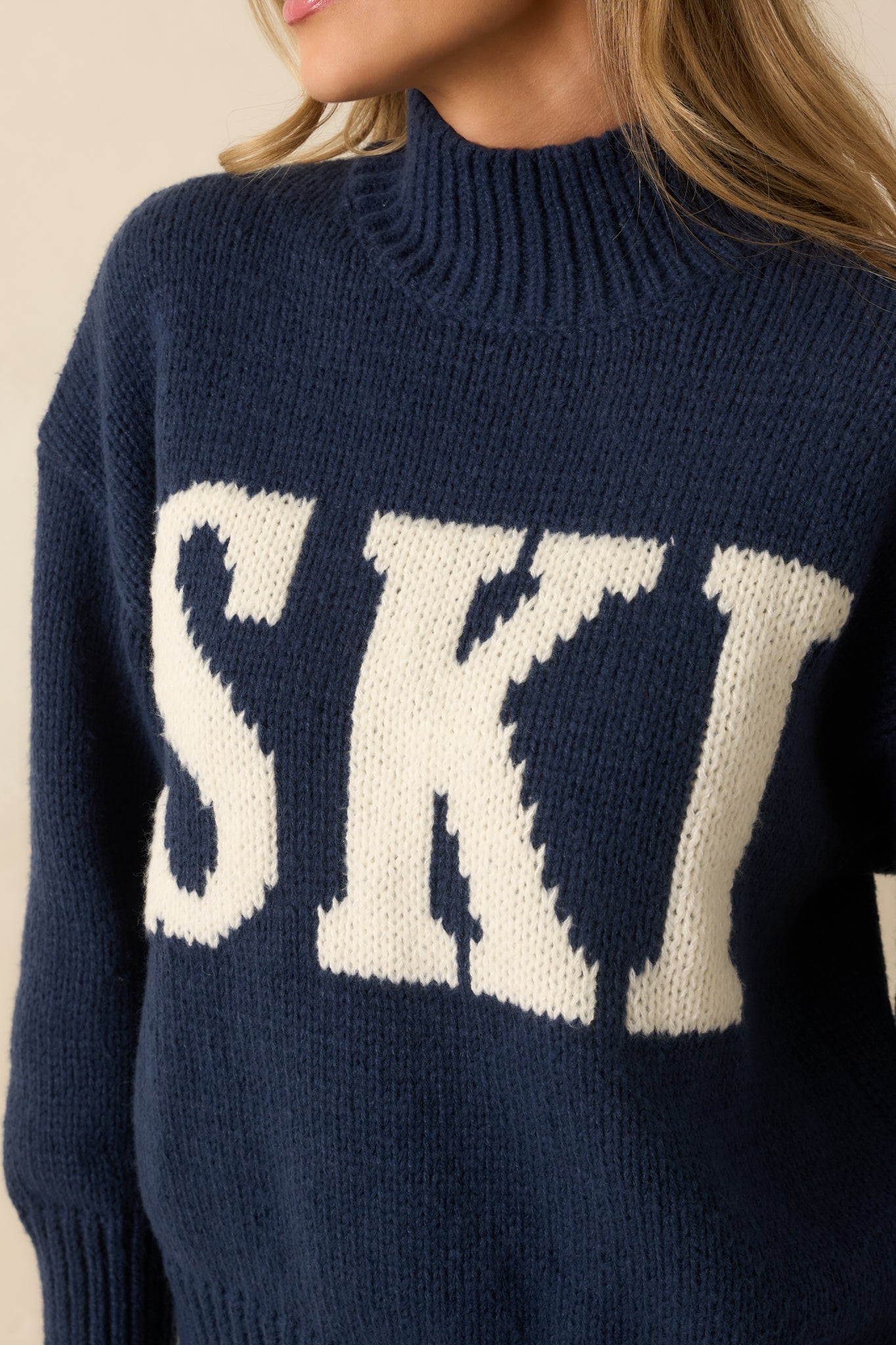 Ski Ya Soon Navy Blue Knit Turtleneck Ski Sweater