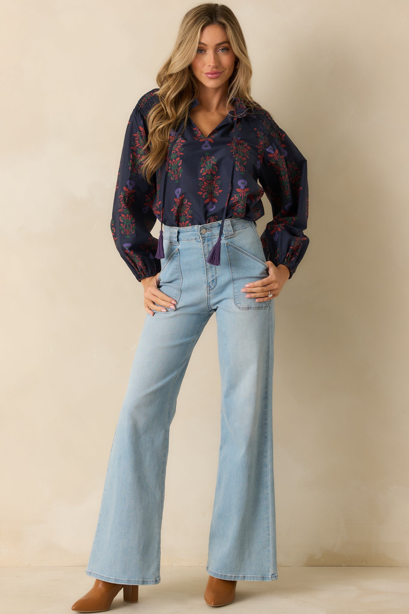 Starlit Garden Navy Multi Floral Print Cotton Peasant Top