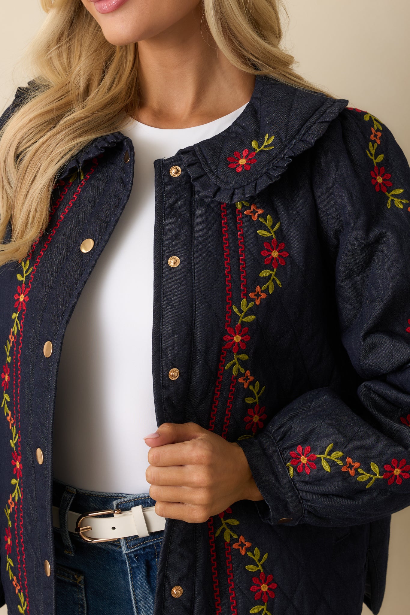 Close-up of the quilted denim fabric, floral embroidery, and ruffled collar detailing.
