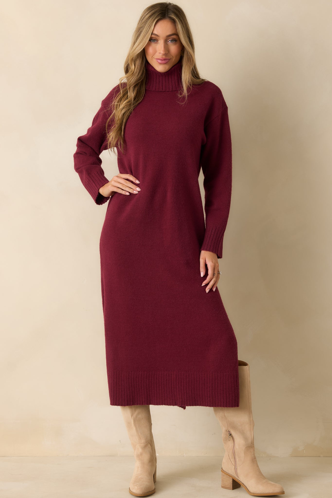 Ribbed trim sweater dress in rich burgundy, featuring a flattering midi length silhouette.