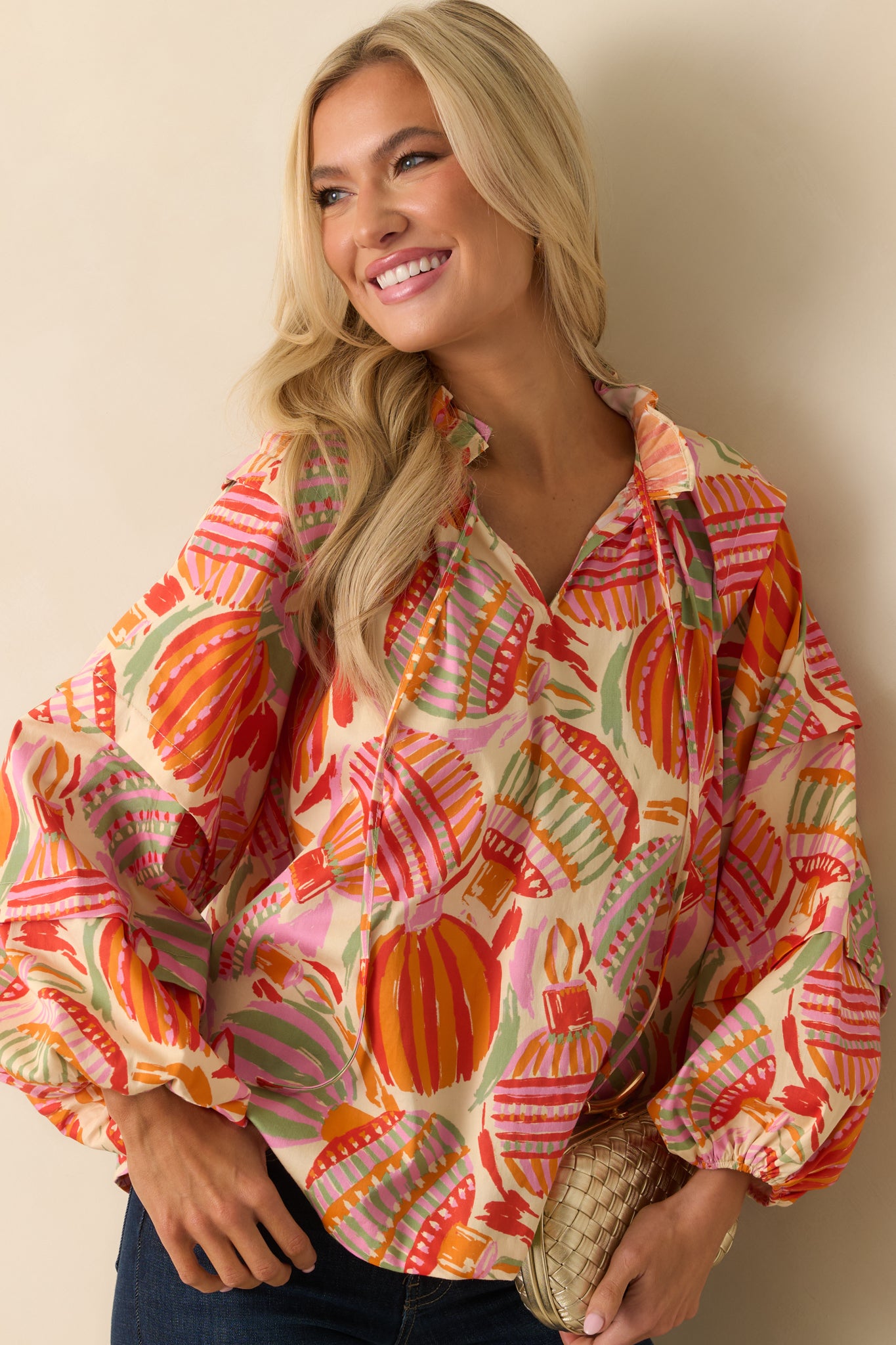 The ornament print appears with crisp detail across the airy woven fabric and relaxed silhouette.