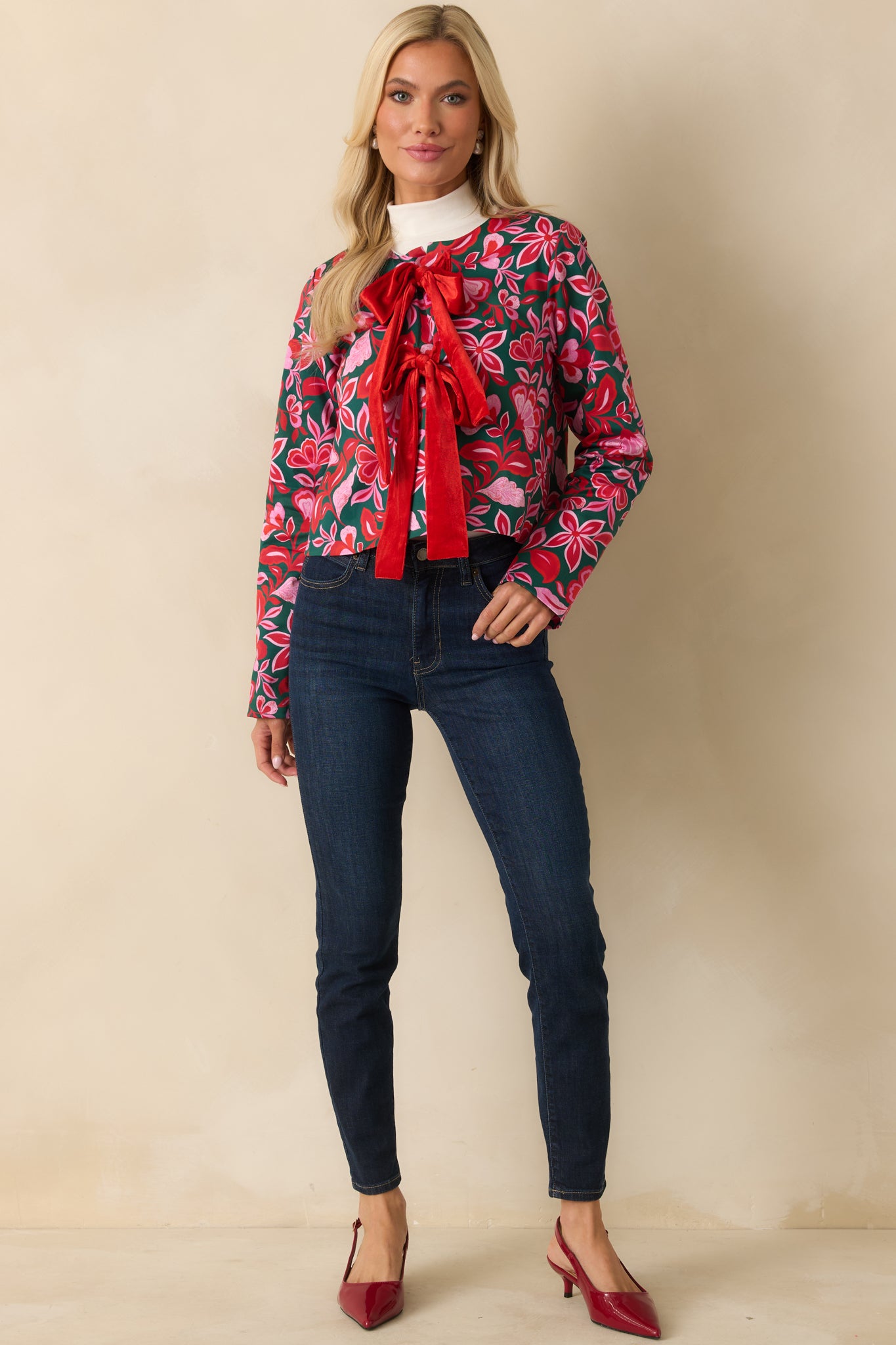 Women's Gala Green & Pink Cotton Floral Print Bow Jacket | Size: Xs