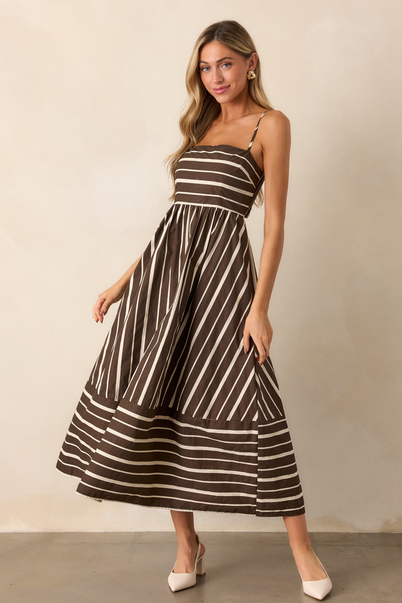 The Art of Balance Cotton Brown Stripe Sleeveless Midi Dress The Art of Balance Cotton Brown Stripe Sleeveless Midi Dress