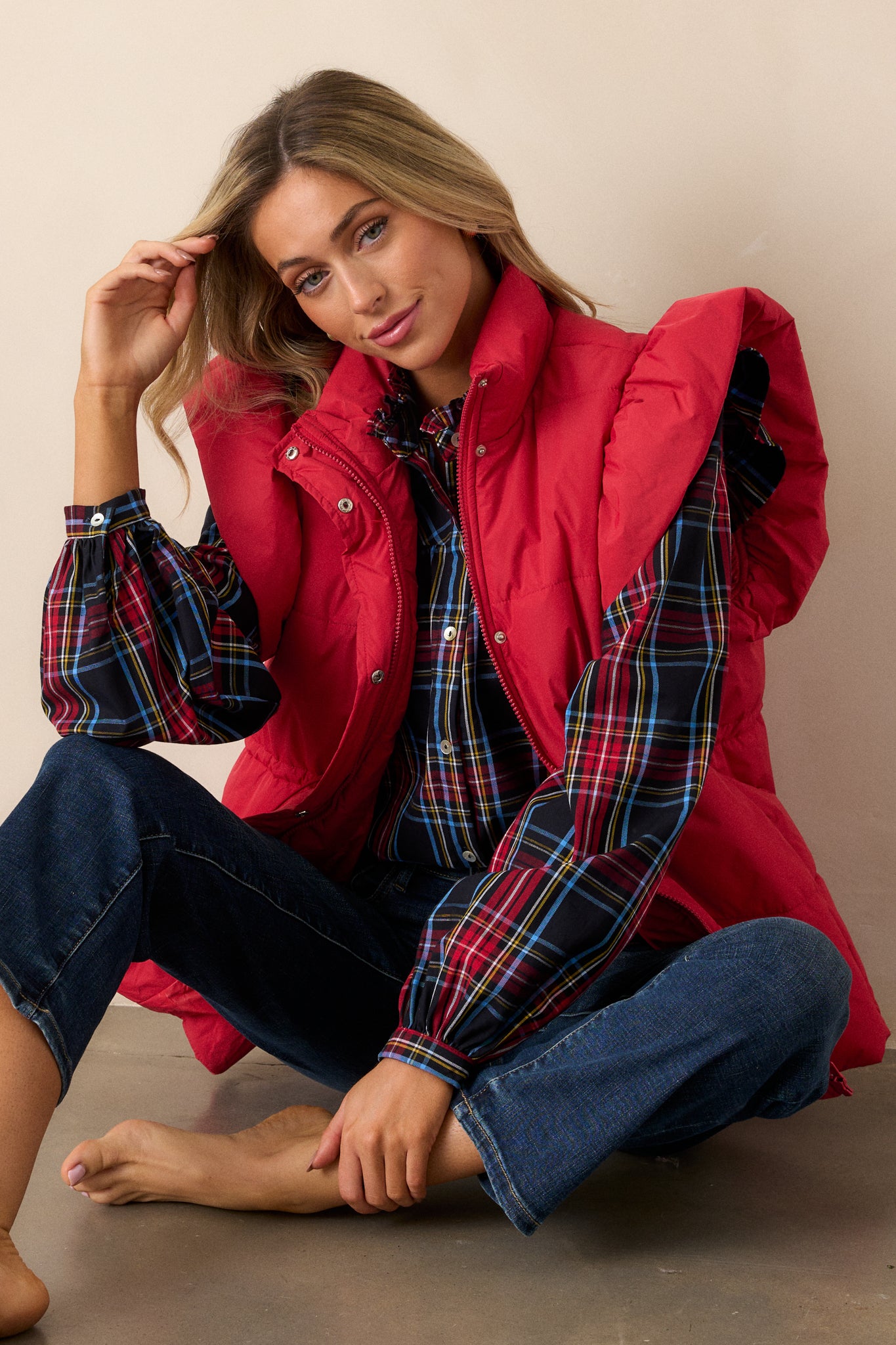 Cherry on Top Red Flutter Sleeve Puffer Vest Cherry on Top Red Flutter Sleeve Puffer Vest