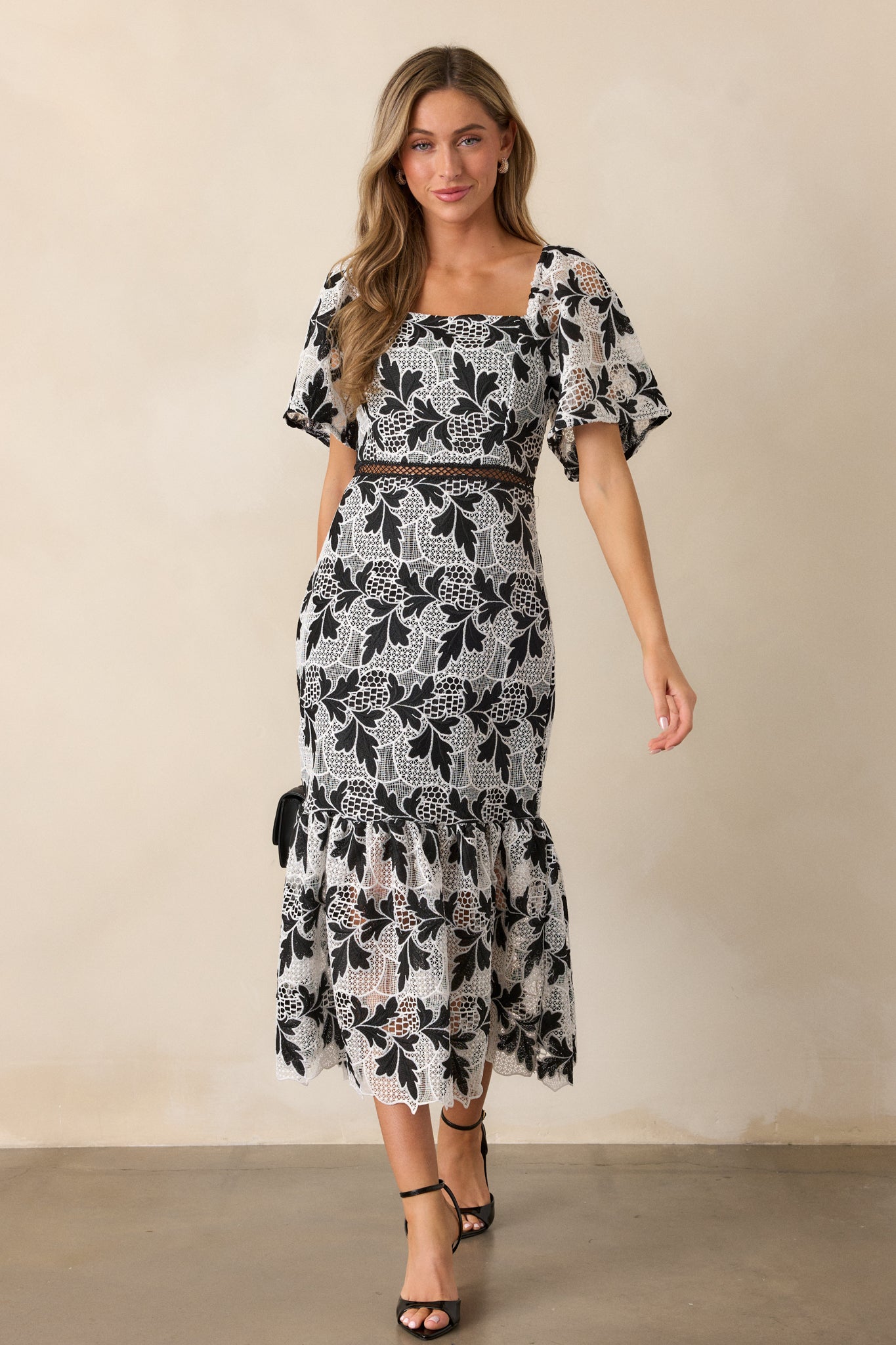 black embroidered midi dress MissJophiel V Neck Floral Embroidery Midi Black Dress with Sleeves Ivory / Above Knee / US6