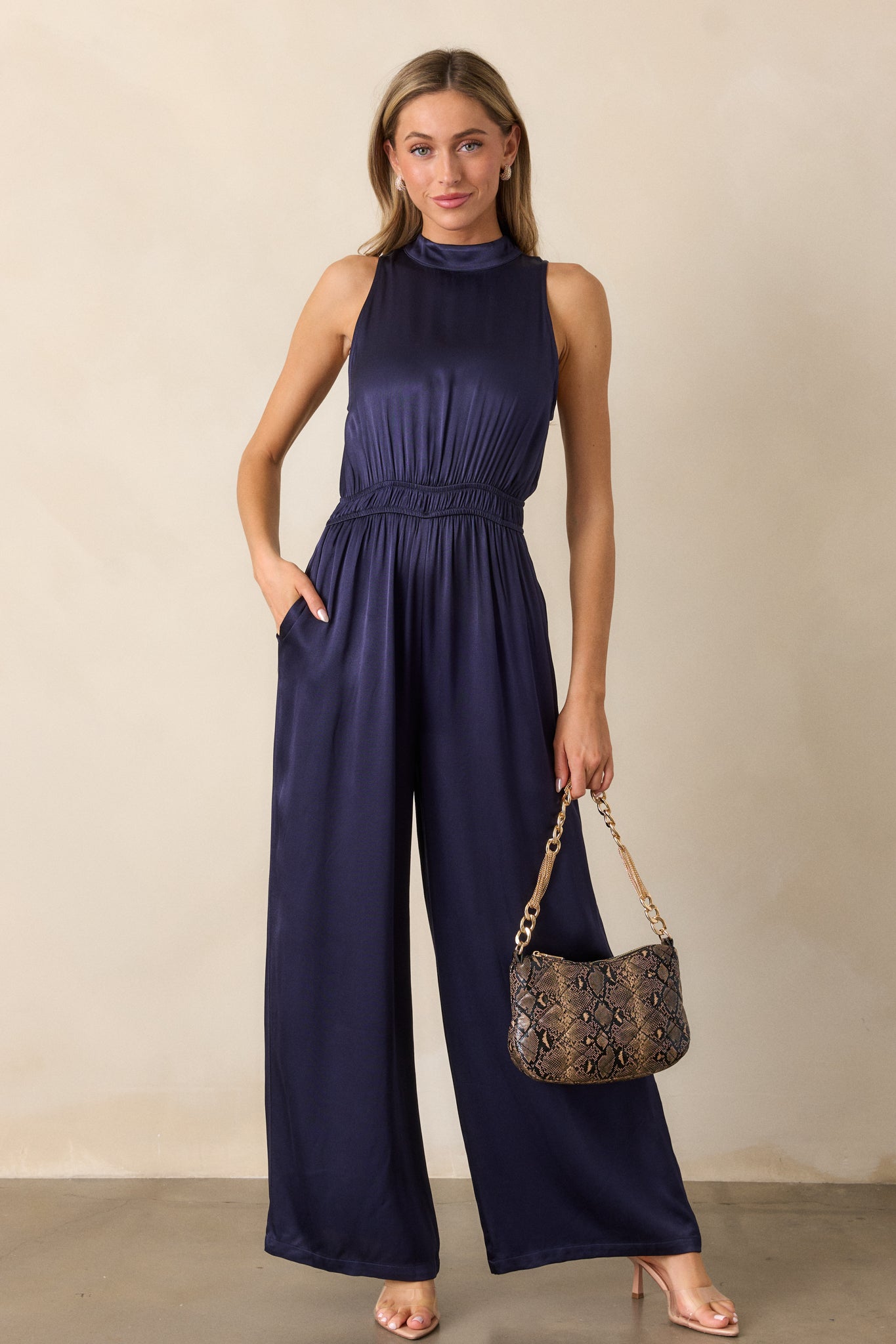 MINKPINK Lumina High Neck Jumpsuit In Midnight Blue Red Dress