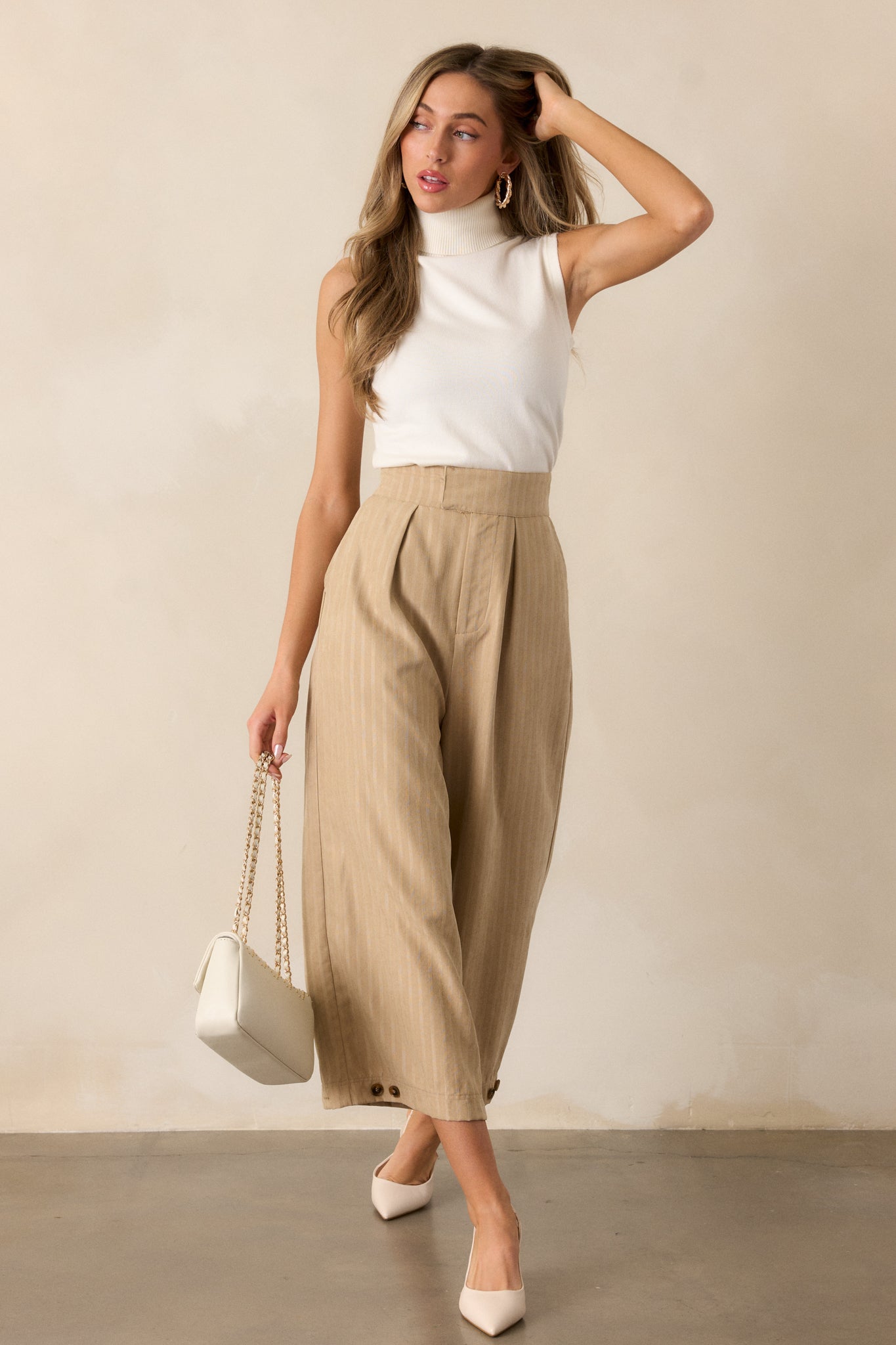 Almond Pinstripe Cropped Wide Leg Pants - All Bottoms | Red Dress Almond Pinstripe Cropped Wide Leg Pants - All Bottoms | Red Dress