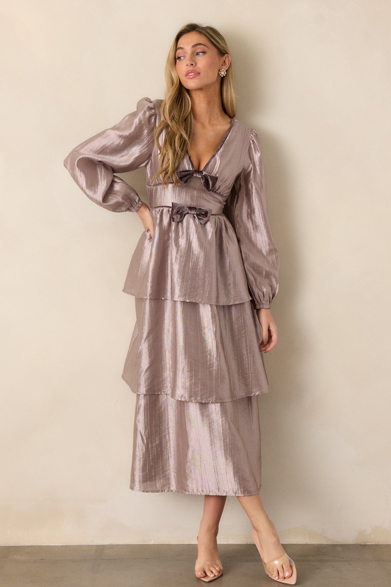 Glamorous Gaze Metallic Grey Tiered Midi Dress Glamorous Gaze Metallic Grey Tiered Midi Dress