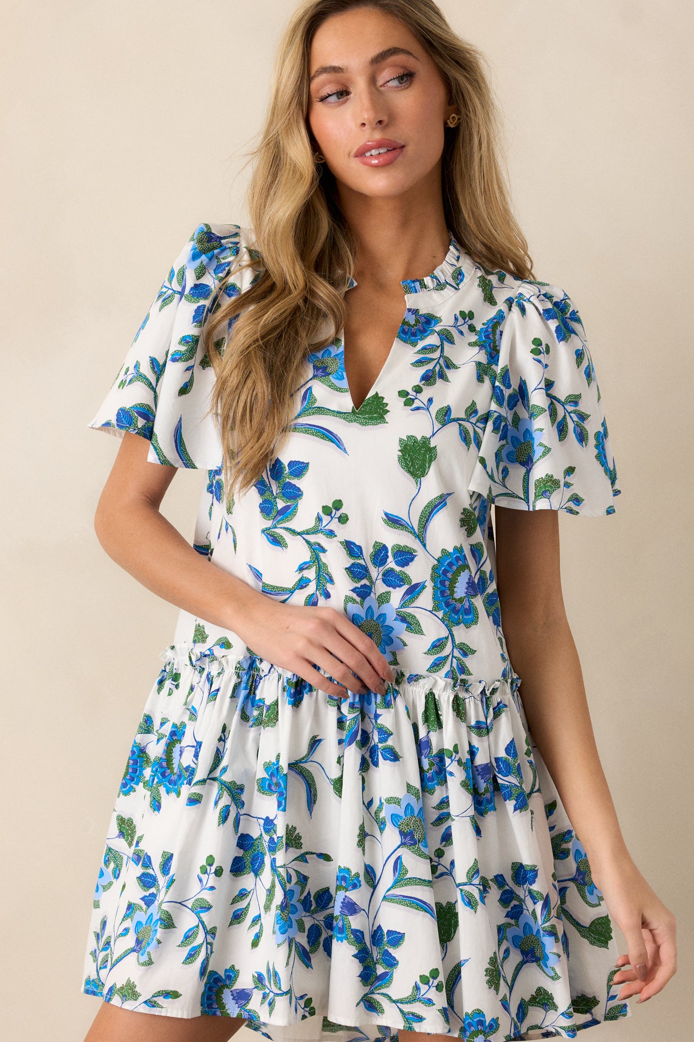 Crystal Waters 100% Cotton Blue Floral Mini Dress Crystal Waters 100% Cotton Blue Floral Mini Dress
