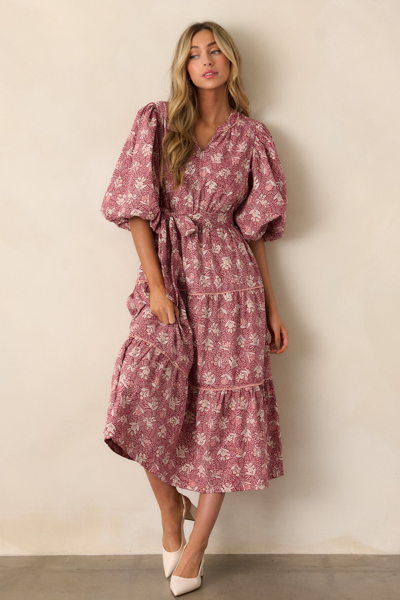 Full-length shot showcasing the midi length of the dress, highlighting the tiered skirt with intricate crochet detailing.