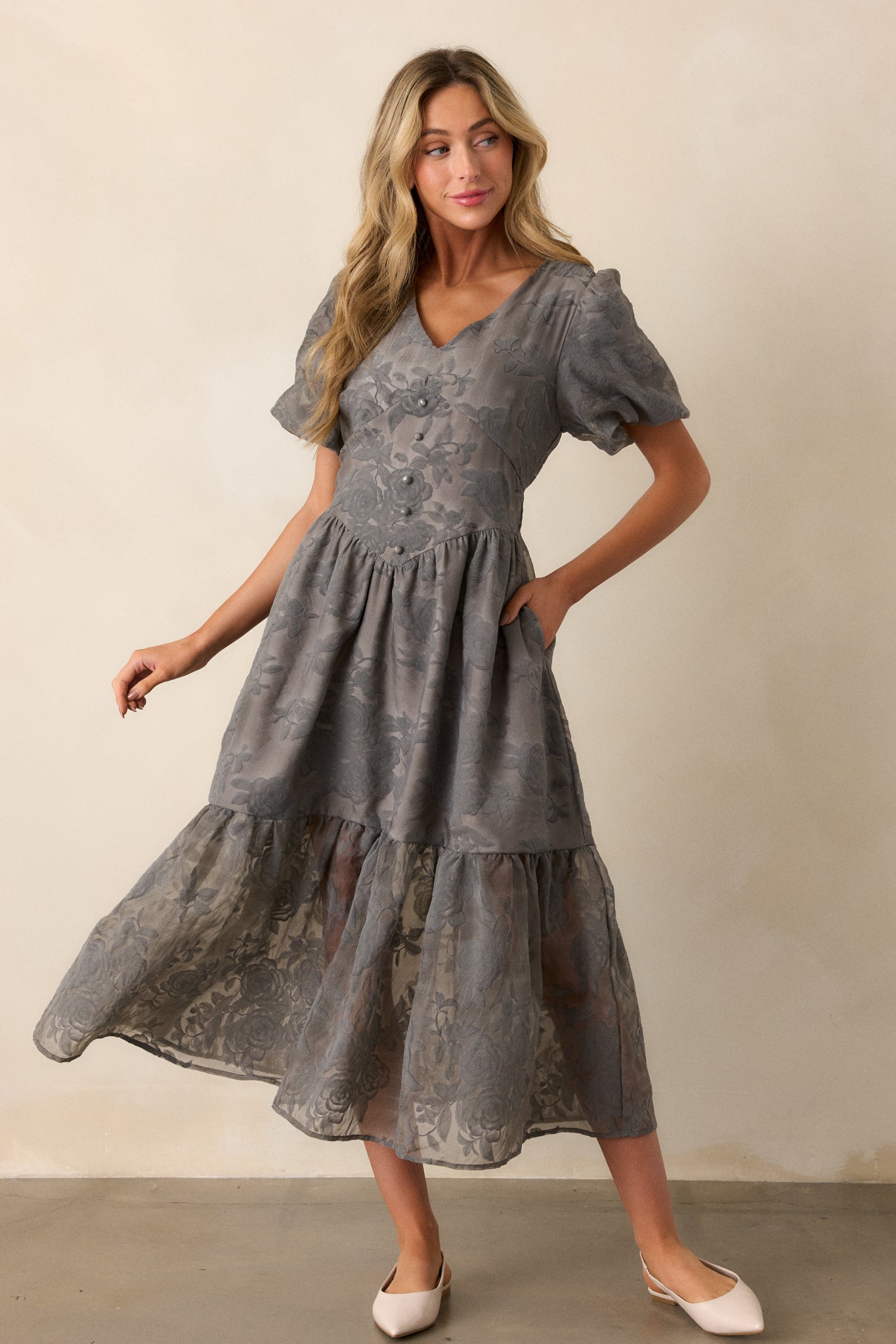 Grey Floral Puff Sleeve Midi Dress - All Dresses | Red Dress Grey Floral Puff Sleeve Midi Dress - All Dresses | Red Dress