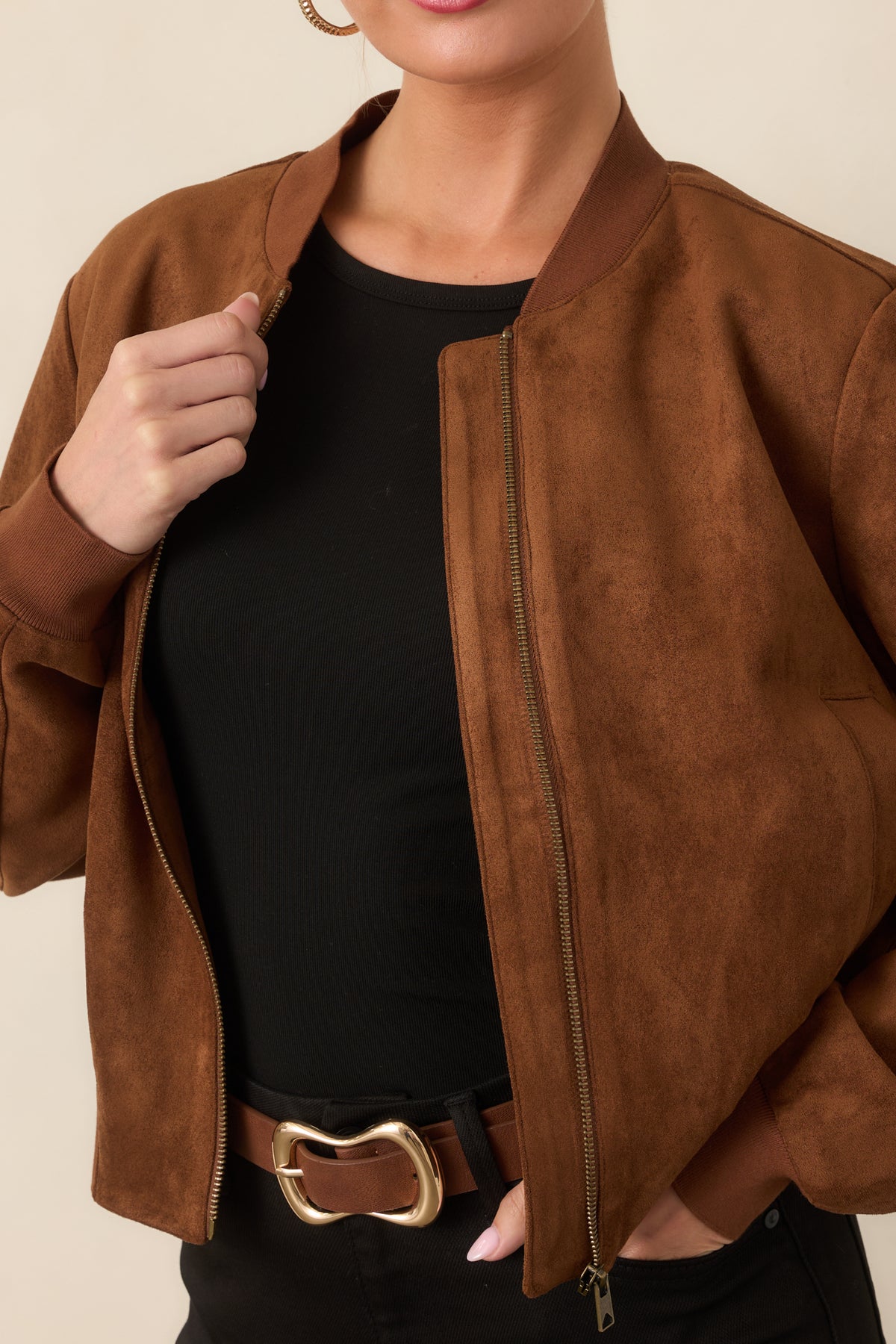 Smooth Landing Cognac Faux Suede Bomber Jacket