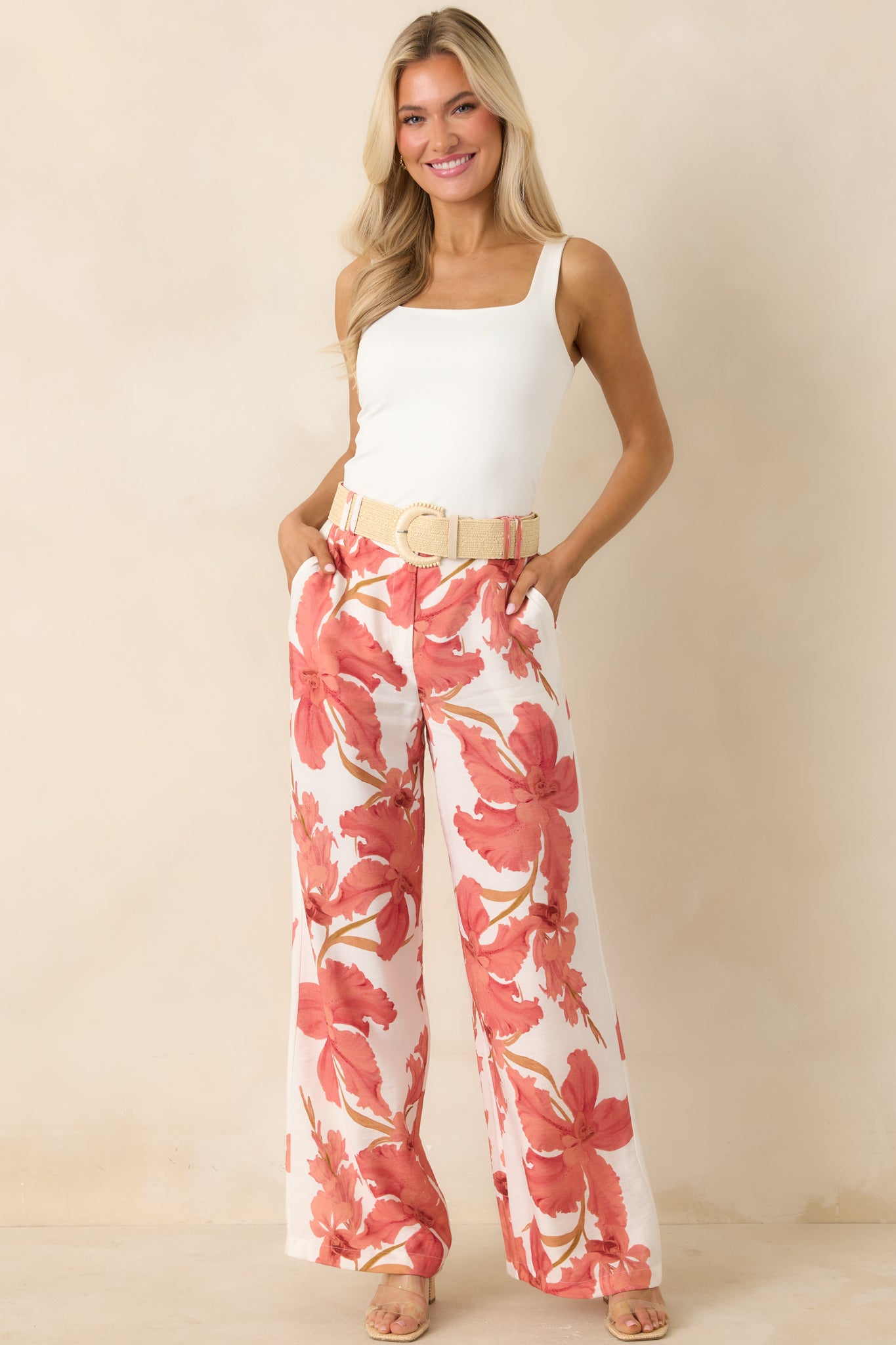 Women's Isla Peach Hibiscus Wide Leg Pants | Color: Orange | Size: M