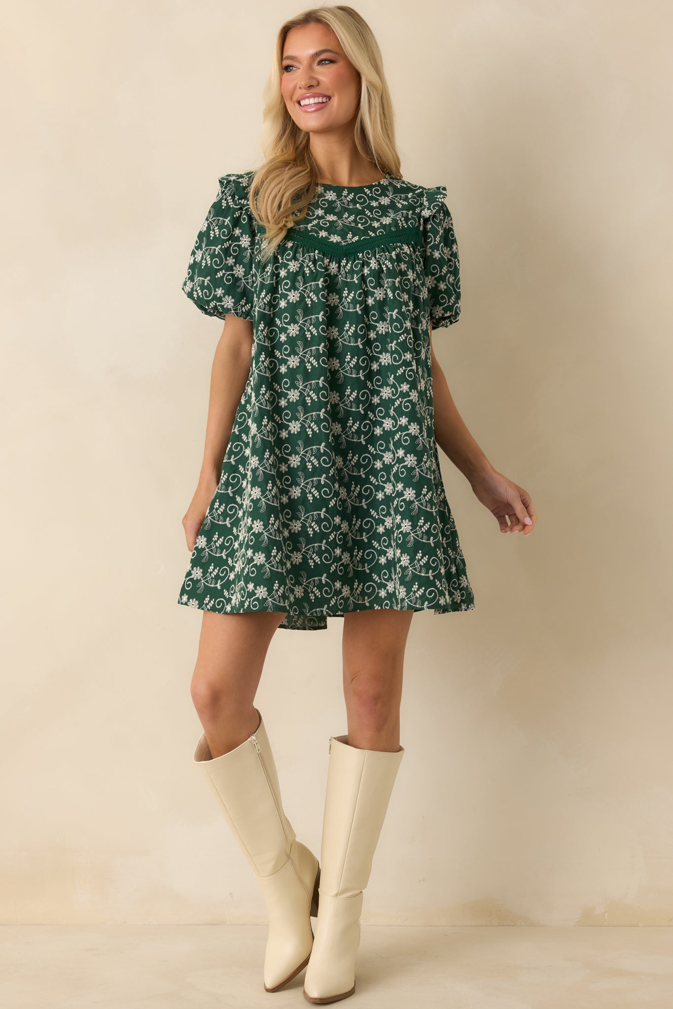Green Floral Embroidered Eyelet Dress - Mini Dresses