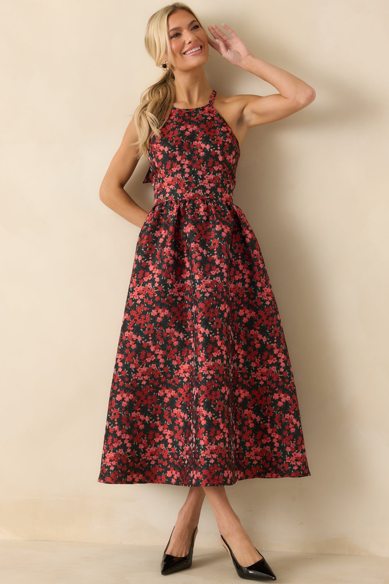 Worth Every Second Red Multi Floral Jacquard Halter Midi Dress Worth Every Second Red Multi Floral Jacquard Halter Midi Dress