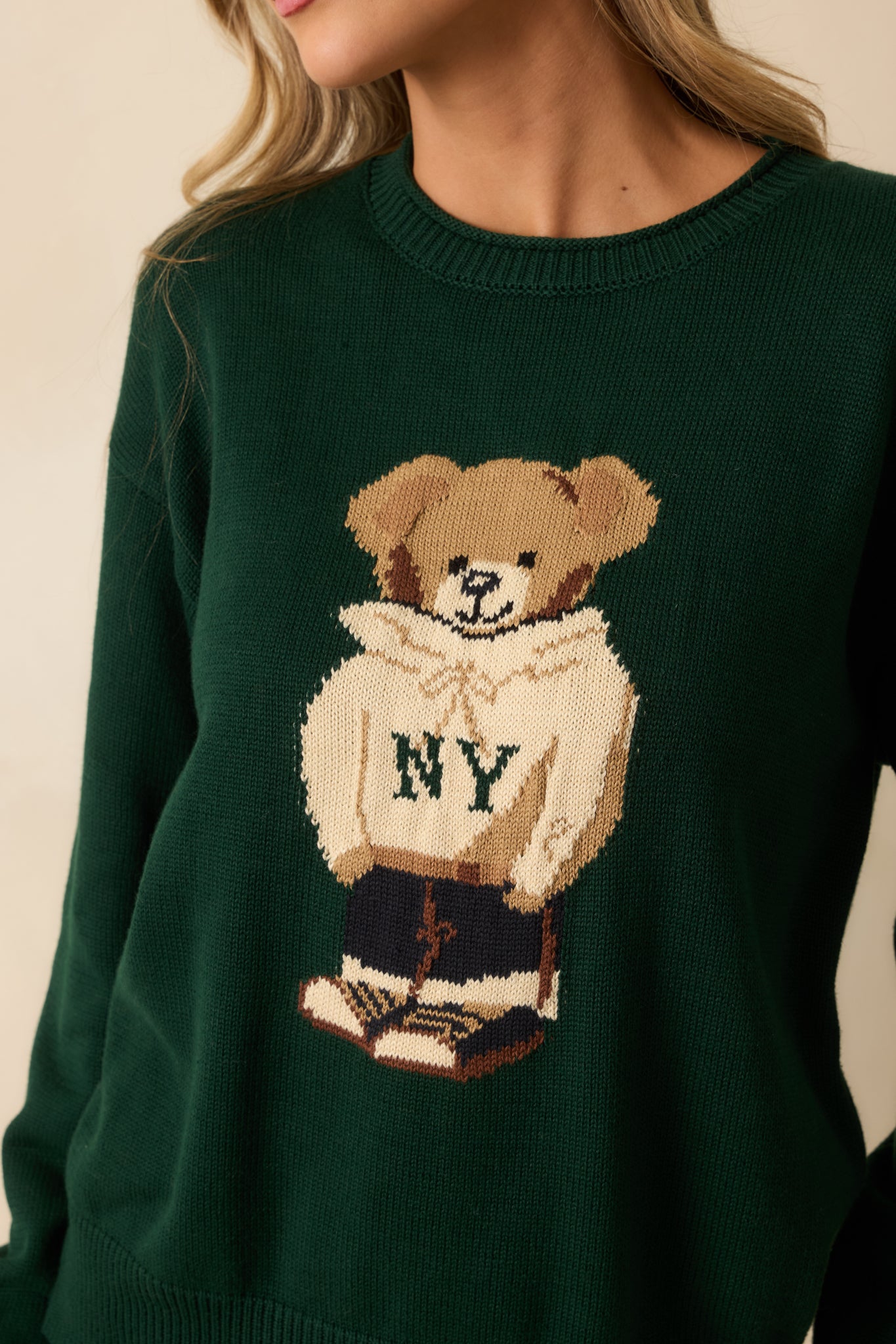 Don’t Wait Around Hunter Green Teddy Bear Graphic Crewneck Sweater