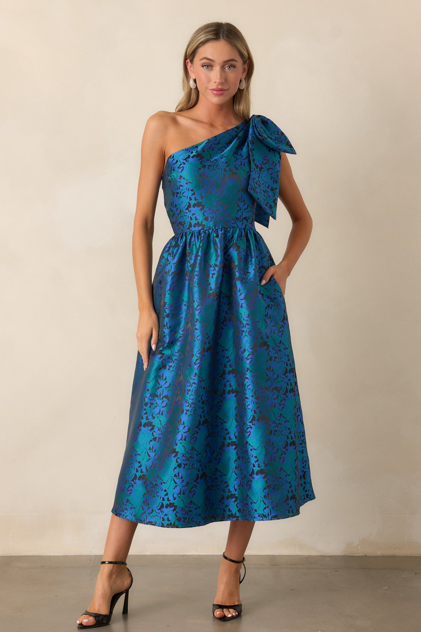 Blue Jacquard One Shoulder Midi Dress - All Dresses | Red Dress Blue Jacquard One Shoulder Midi Dress - All Dresses | Red Dress