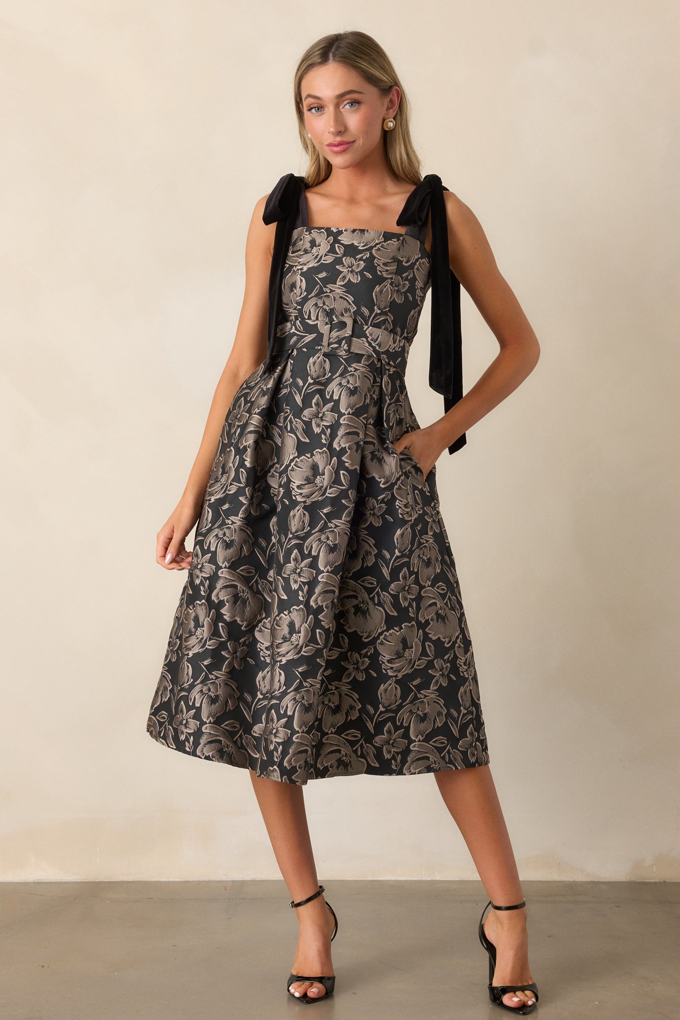 Black Floral Jacquard Midi Dress - All Dresses | Red Dress Black Floral Jacquard Midi Dress - All Dresses | Red Dress