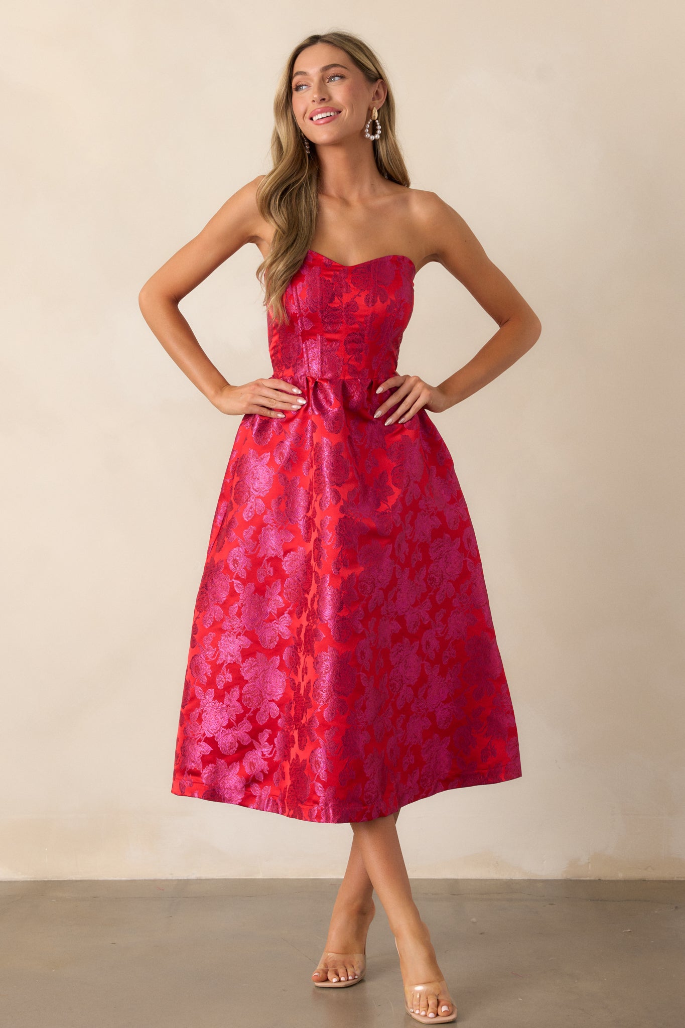 Red & Pink Jacquard Midi Dress - All Dresses | Red Dress Red & Pink Jacquard Midi Dress - All Dresses | Red Dress