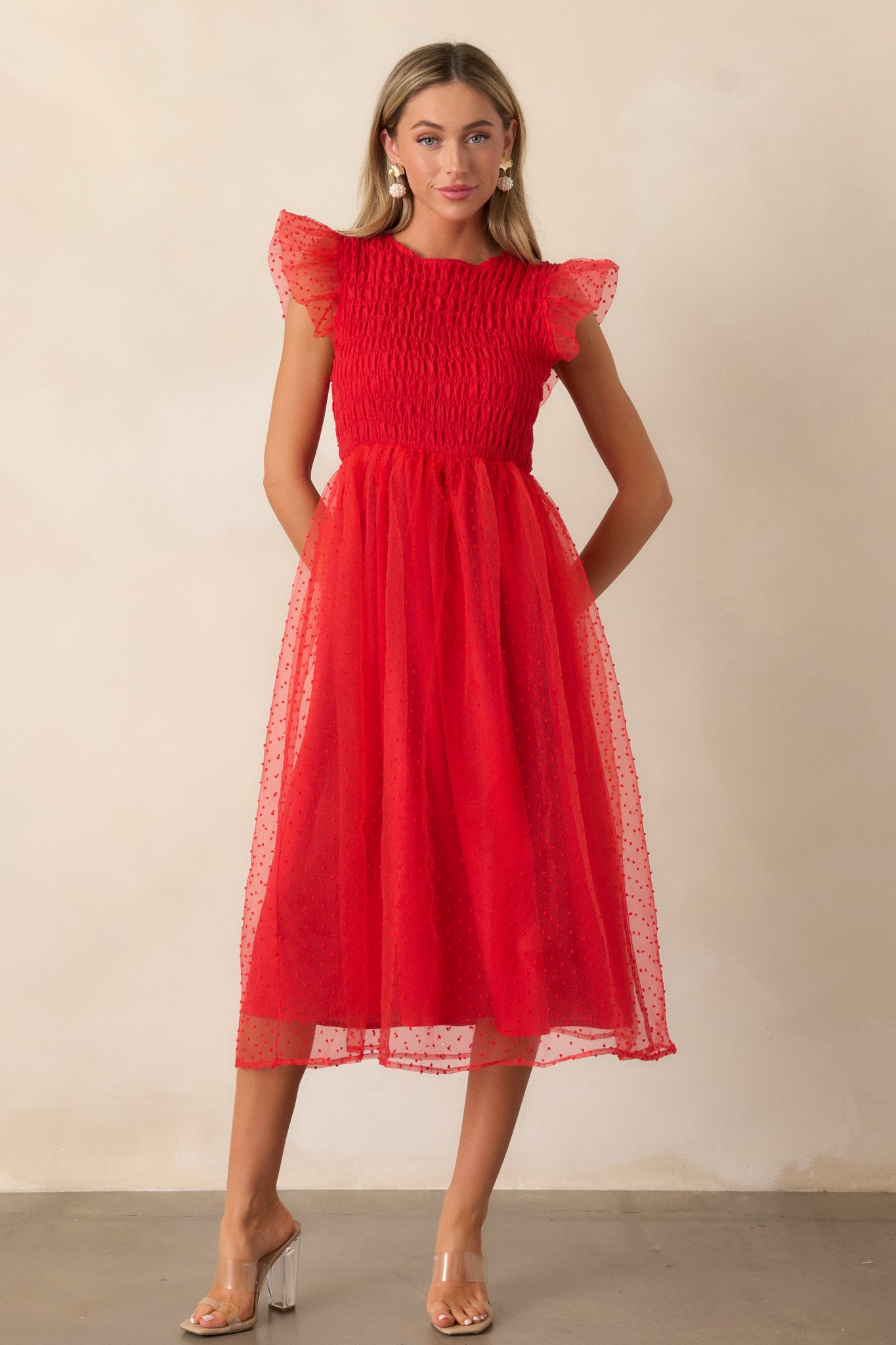 Cocktail Dress Tulle Overlay Midi Dress Heart On Fire Red Polka