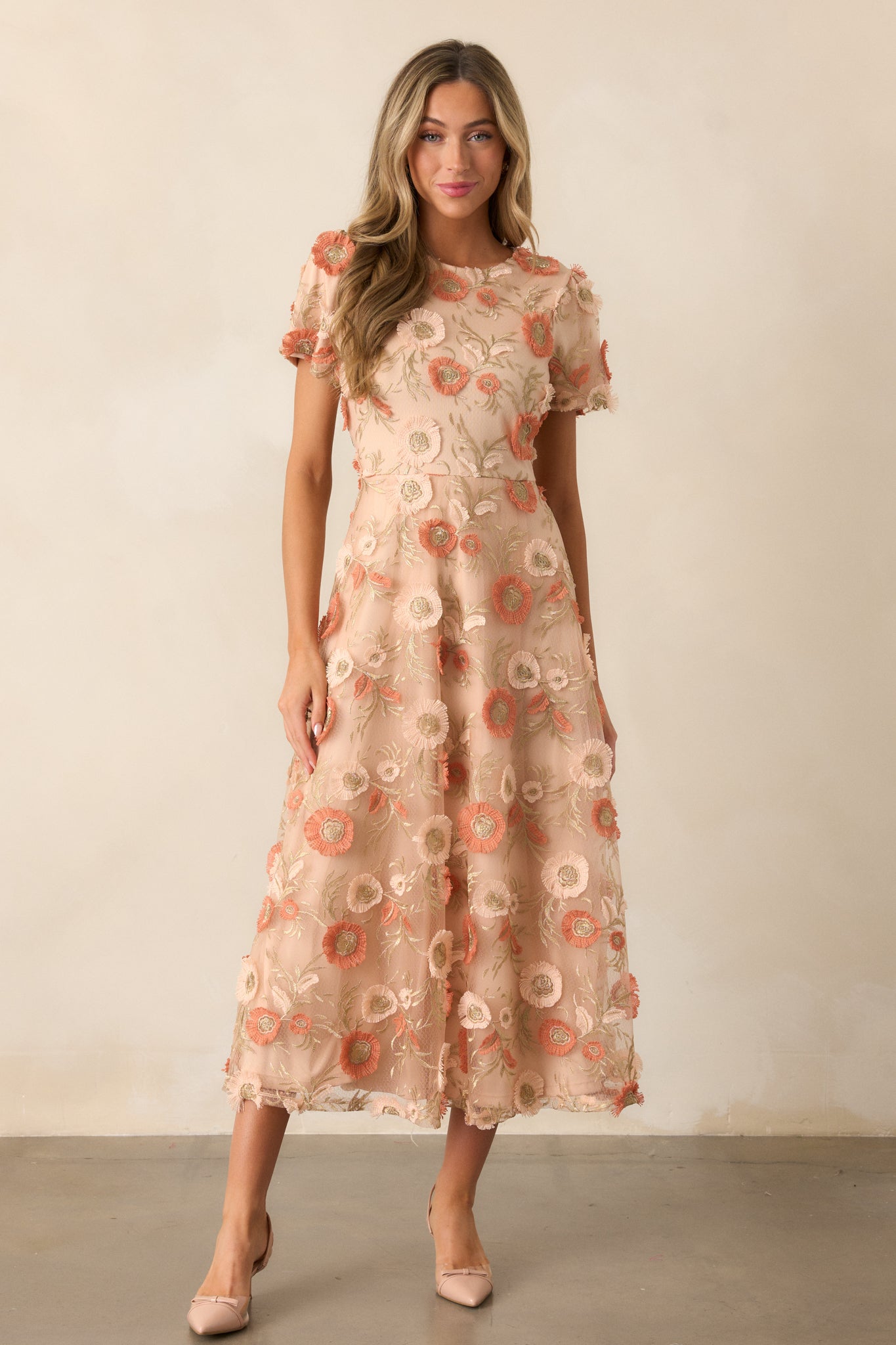 Tan Floral Embroidered Midi Dress - All Dresses | Red Dress Tan Floral Embroidered Midi Dress - All Dresses | Red Dress